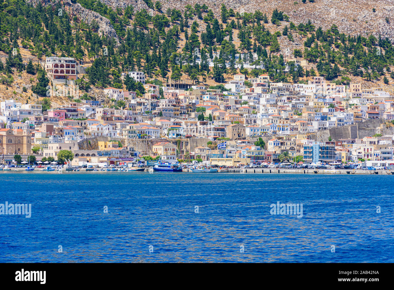 Westliche Seite von Pothia Stadt, Insel Kalymnos, Dodekanes, Griechenland Stockfoto