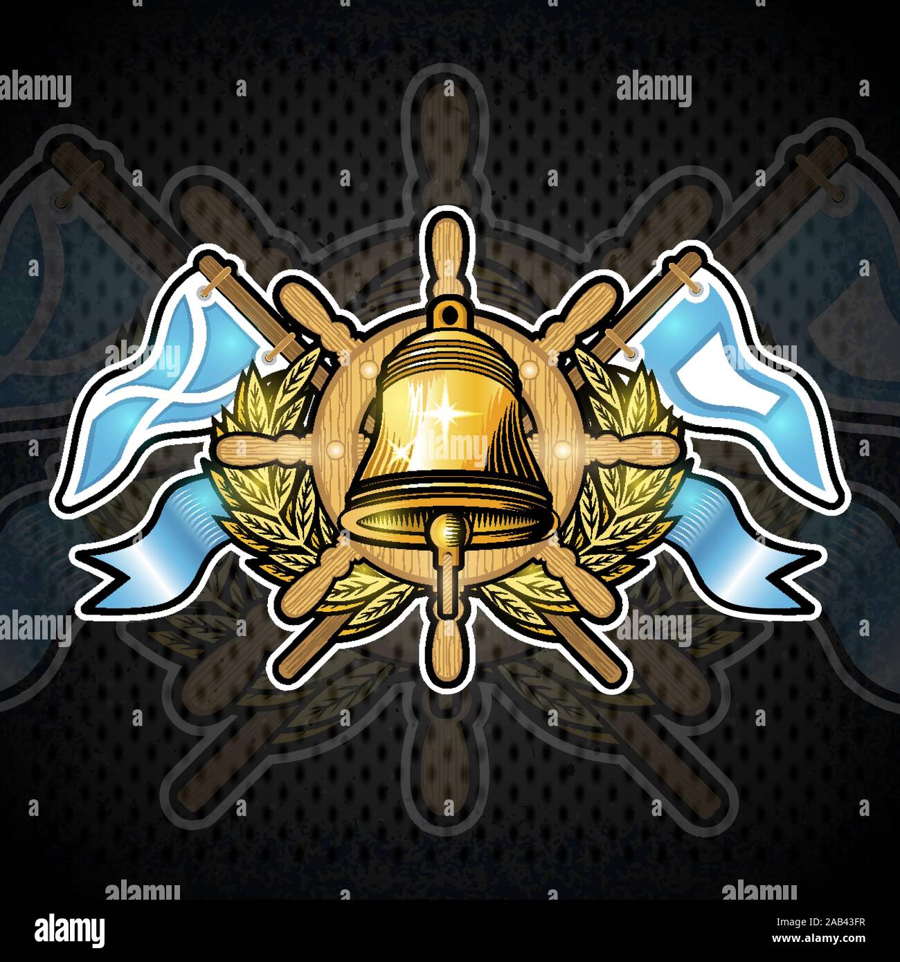Golden Bell am Lenkrad zwischen goldenen Kranz und Fahnen auf der Tafel. Sport Logo für Yachting und Sailing Team oder Meisterschaft Stock Vektor