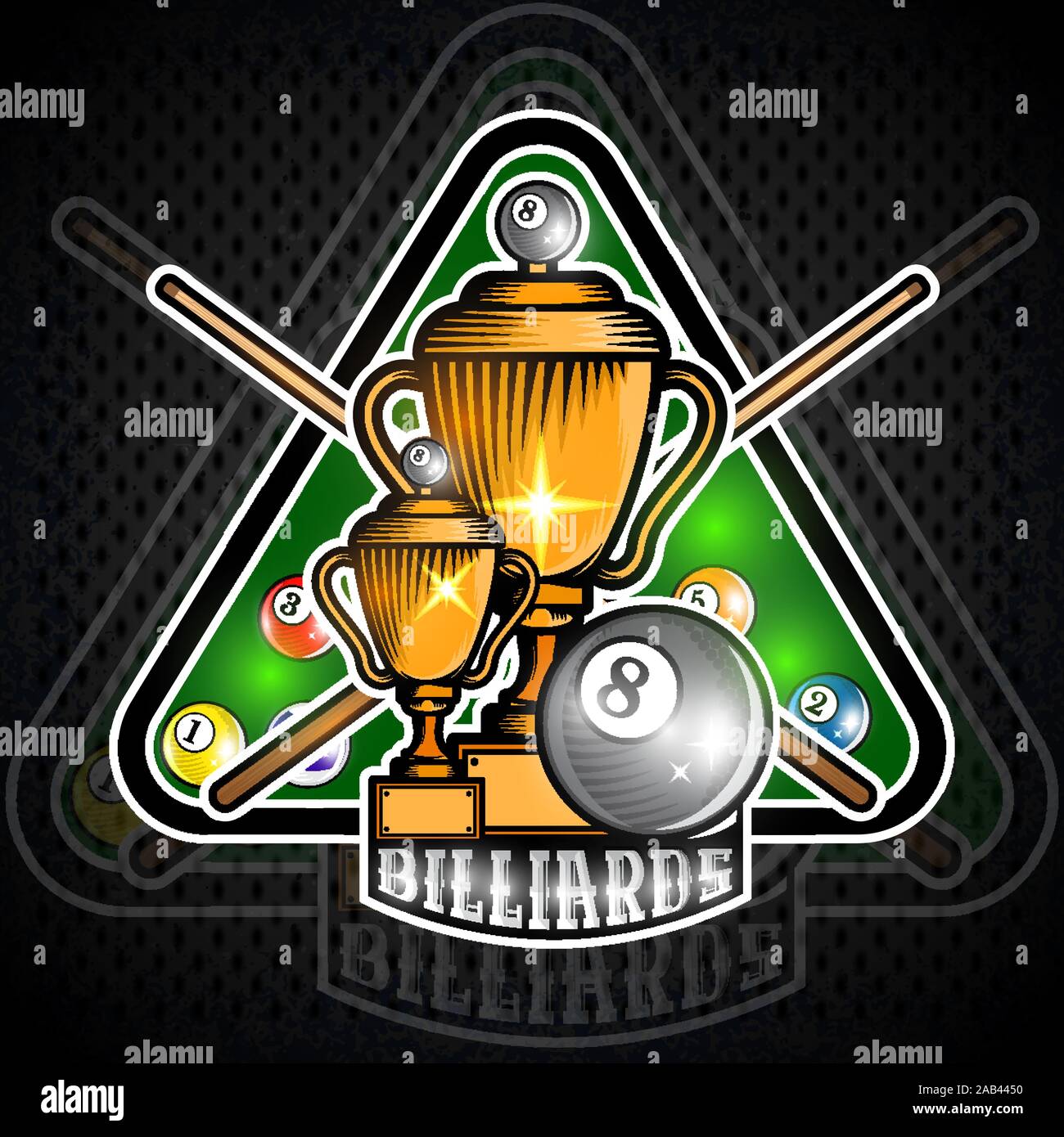 Pyramide von Billardkugeln mit gekreuzten Cues in der Mitte des Dreiecks grün Billardtisch. Sport Logo für Billard Spiel oder Meisterschaft Stock Vektor