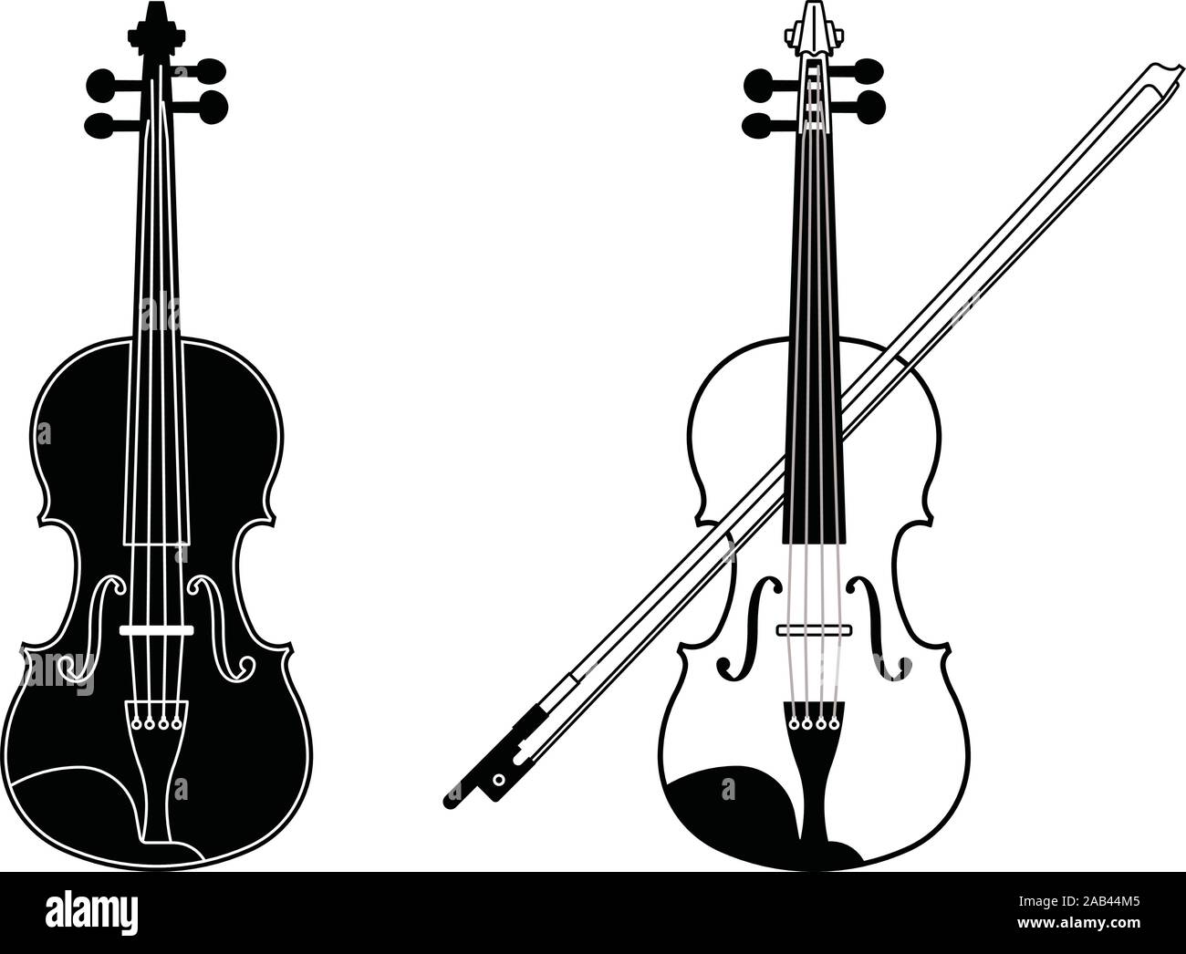 Violine Symbole gesetzt. String Instruments. Dünne Linie und Silhouette Vektor Stock Vektor