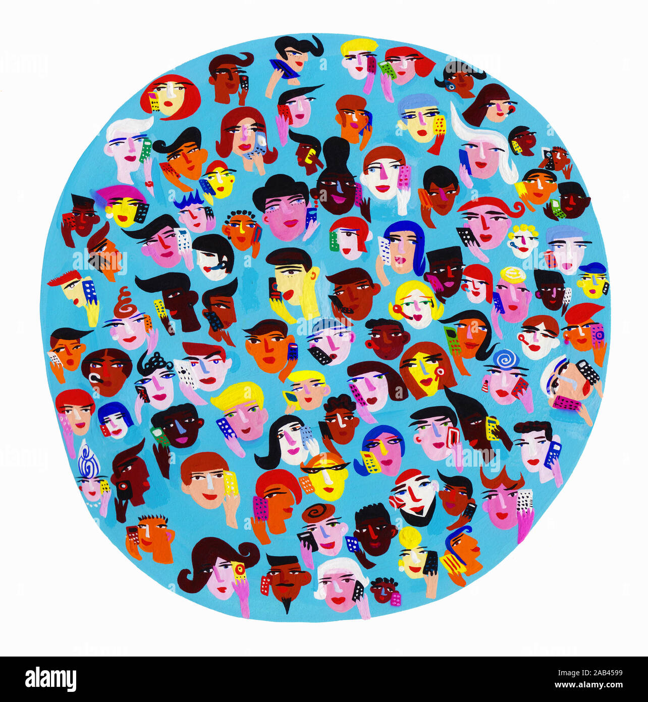 Kreis mit Gesichter vieler Menschen mit Smartphones Stockfoto