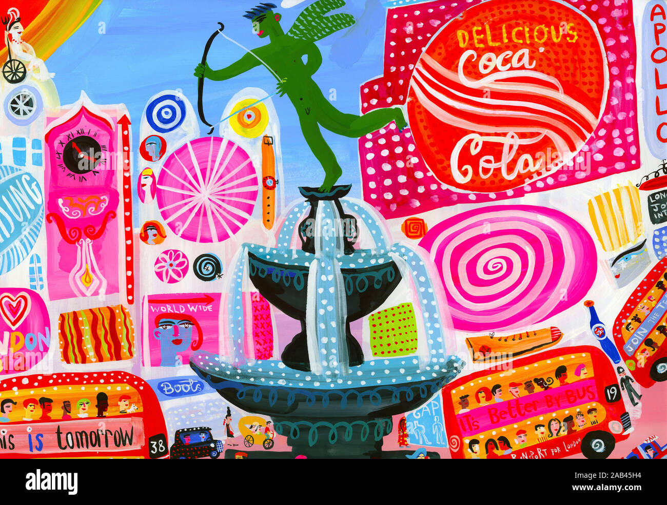Statue des Eros, Werbung und Verkehr in belebten Piccadilly Circus, London, England Stockfoto
