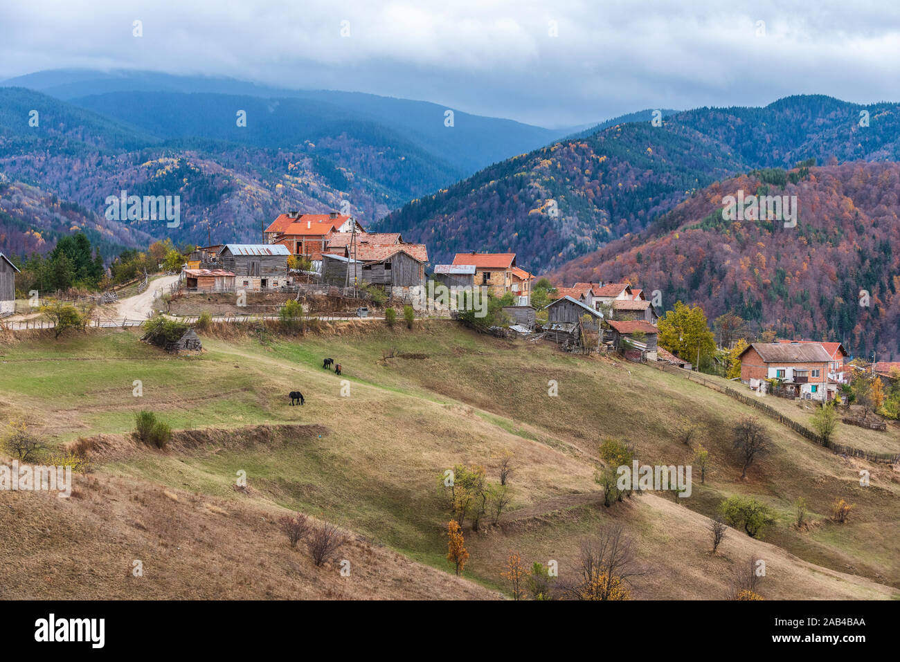 Grashevo Dorf in Rhodopen Gebirge, Bulgarien im Herbst Stockfoto