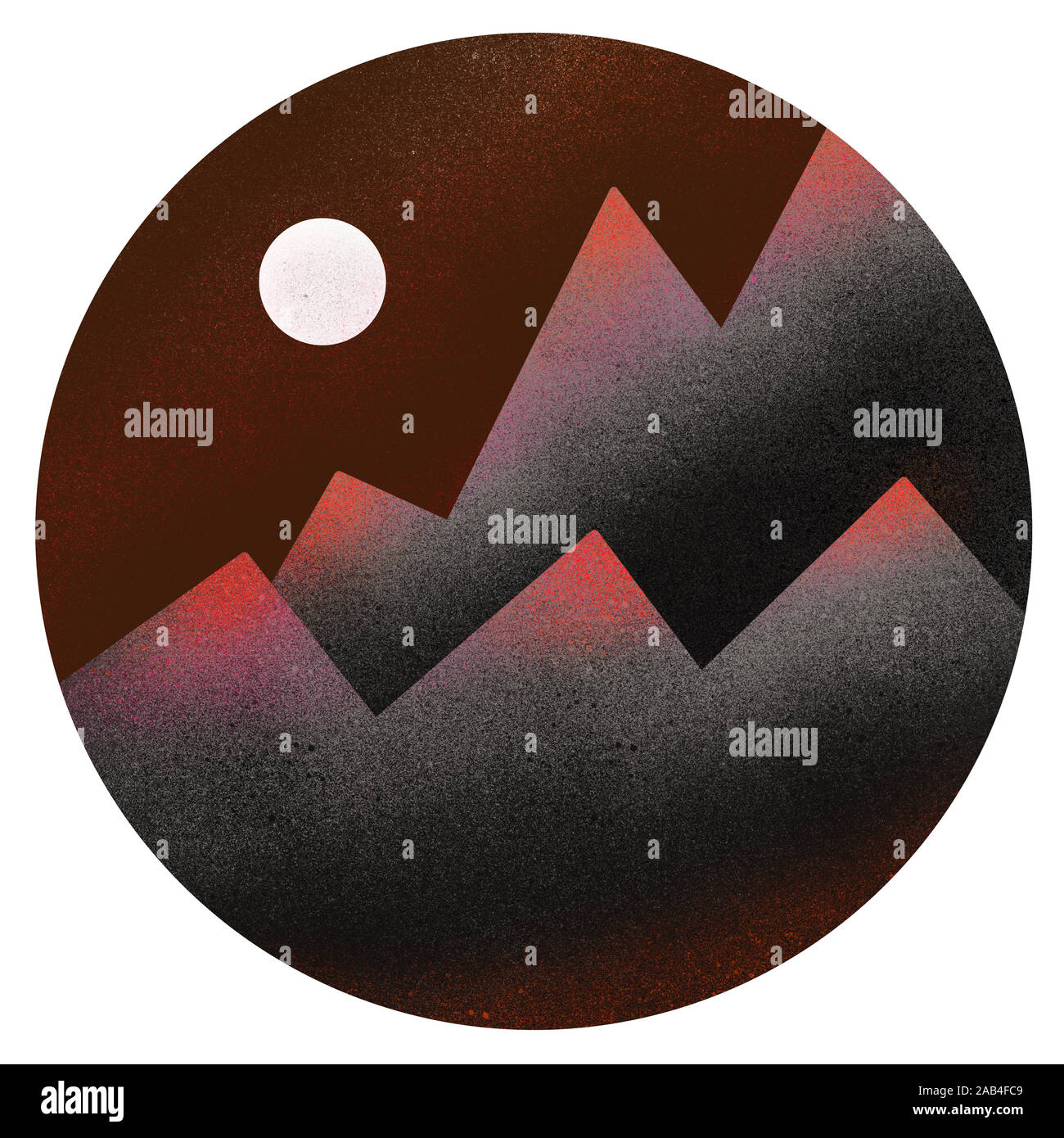Eine einfache einfarbige Abbildung: Berge und Vollmond. Moonlight. Spray. Wandmalerei, grafitti. T-Shirt. Stockfoto