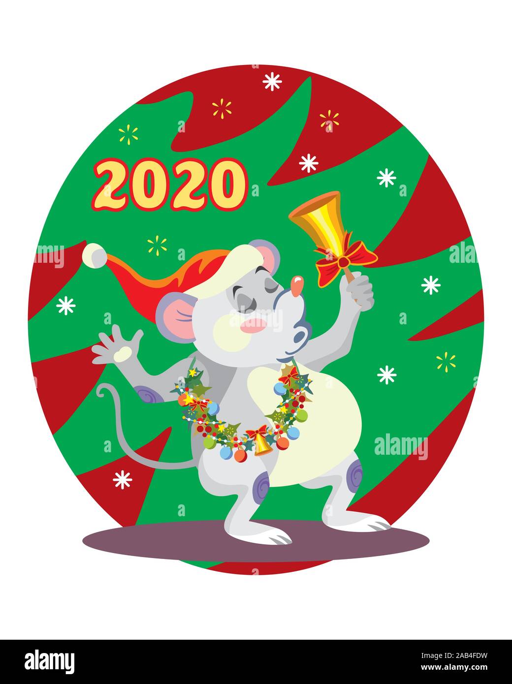 Vector Illustration der niedlichen Maus Charakter dem Klingeln auf Hintergrund mit Weihnachtsbaum. Vektor cartoon Lager Abbildung. Winter Urlaub, Chri Stock Vektor