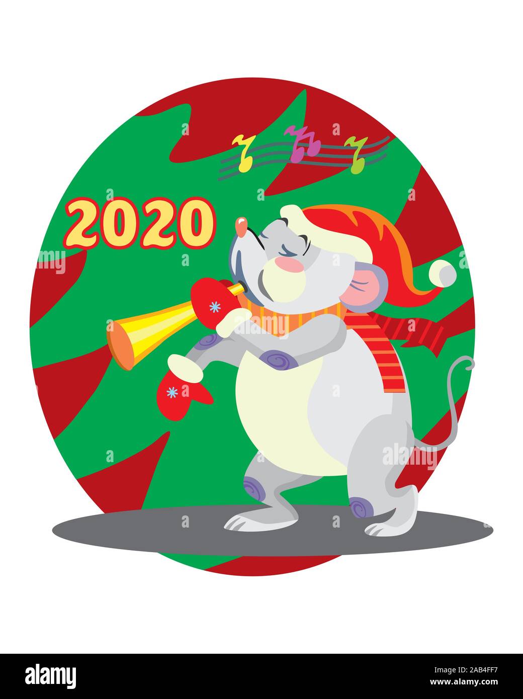 Vector Illustration der niedlichen Maus Charakter spielen die Hupe an Hintergrund mit Weihnachtsbaum. Vektor cartoon Lager Abbildung. Winter Urlaub, Chri Stock Vektor