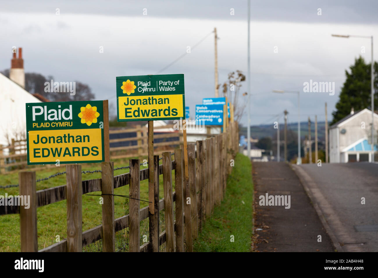 Plaid Cymru und Walisische konservative Zeichen an der Seite der Straße in der Nähe von Peebles, Carmarthenshire, Wales vor der Wahl 2019 Stockfoto