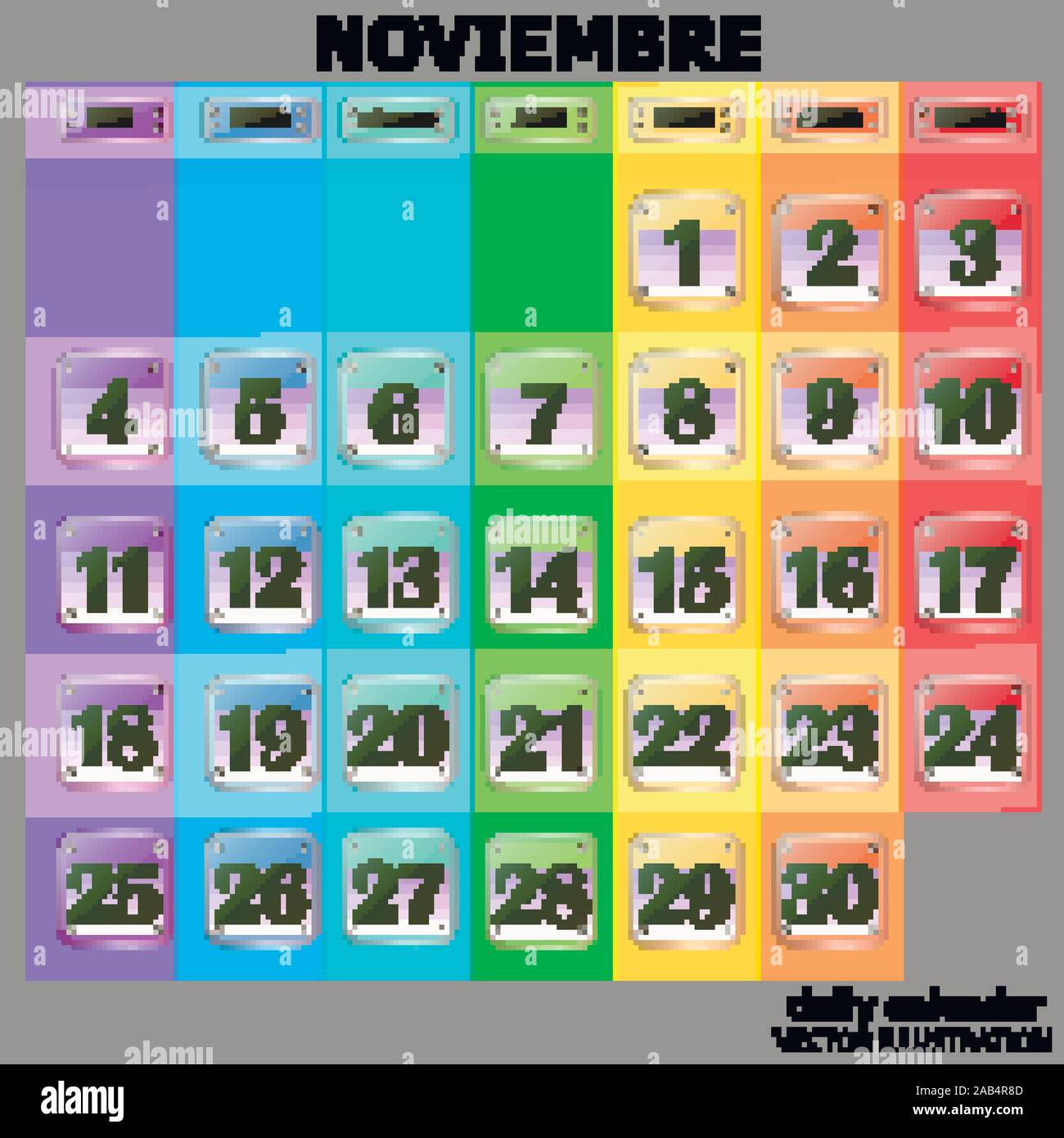 Bunte Kalender für November 2019 in spanischer Sprache. Schaltflächen mit Kalender Termine für den Monat November. Die für die Planung wichtigen Tage. Banner für Feiertage und besondere Tage. Vector Illustration. Stock Vektor