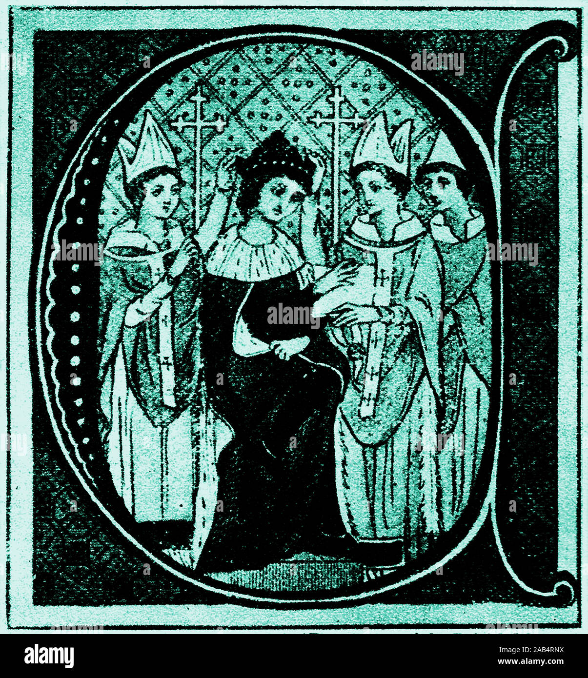 Eine frühe Abbildung: die Krönung der englische König Edward I (1239-1307) am Westminster Abbey, London - regierte, 20. November 1272 - vom 7. Juli 1307. Sein Spitzname war "longshanks" wegen seiner ungewöhnlichen Höhe für die Uhrzeit (6 Fuß 2 Zoll). Er ist bekannt aus Blepharoptosis erlitten zu haben, oder Ptosis ein übernommener Zustand (von seinem Vater), was zu einem sinkenden linkes Augenlid (aka faul Auge). Er hatte auch ein Lisp. Stockfoto