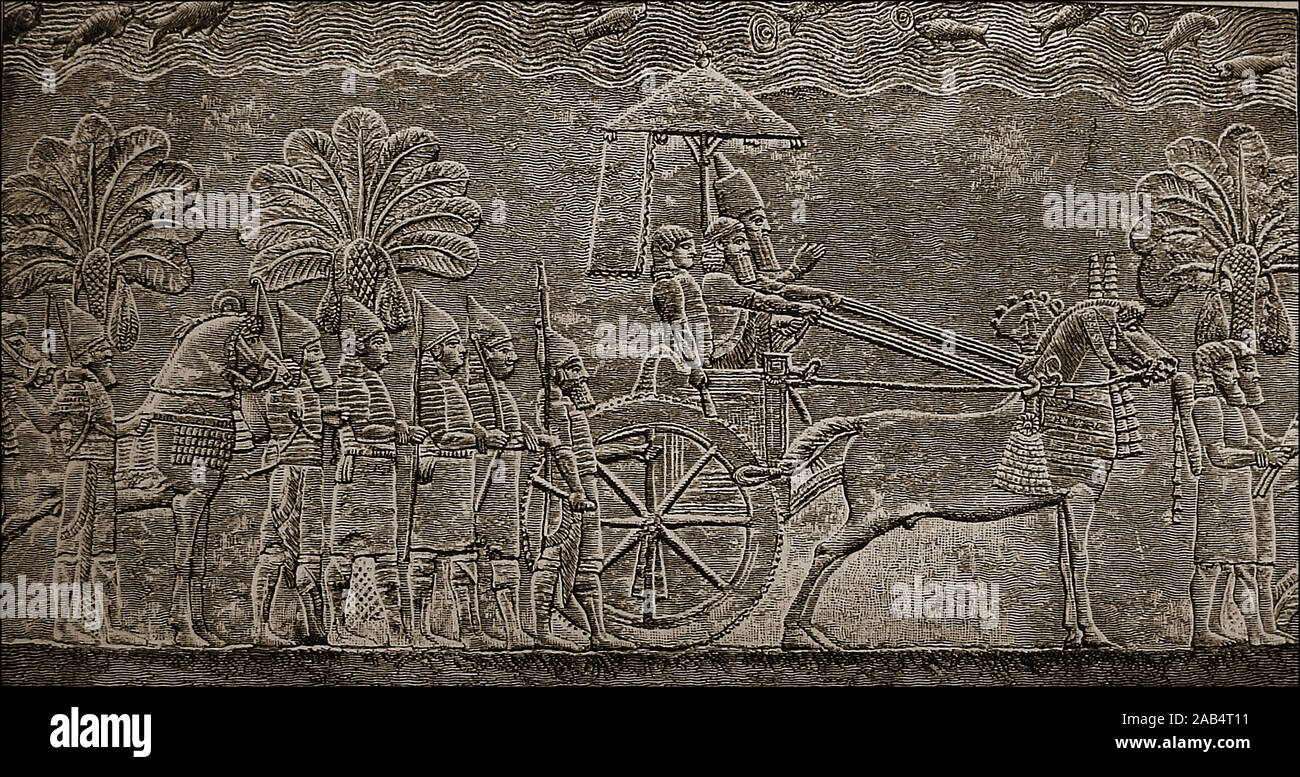 Der König von Assyrien von 705 v. Chr. bis 681 v. Chr. (sanherib) in seinem Wagen, die seine Armee auf den babylonischen Kriege (von einem Fries in seinem Palast in Ninive) kämpfen. Seine Titel des Königs von Assur, des Königs von Babel, gab der König der vier Ecken der Welt und König des Universums enthalten. Heute allgemein als der König des neuassyrischen Reiches bekannt Stockfoto