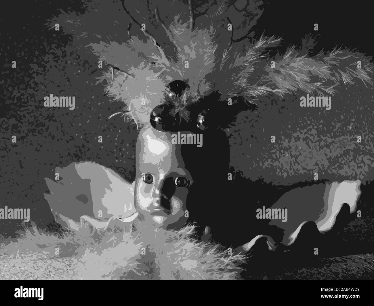 Puppenkopf mit Pampas-Gras und Clam-Schale, schwarz-weiß, Ausschnittfilter in photoshop Stockfoto