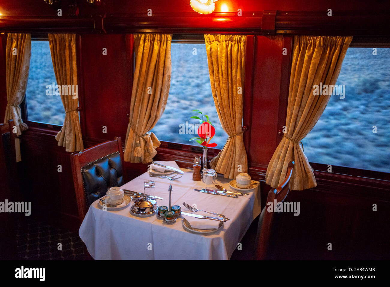 Restaurant Auto des Der Rovos Rail Luxuszug Reisen zwischen Kapstadt und Pretoria in Südafrika Stolz von Afrika wunderschön umgebaut Klasse Stockfoto