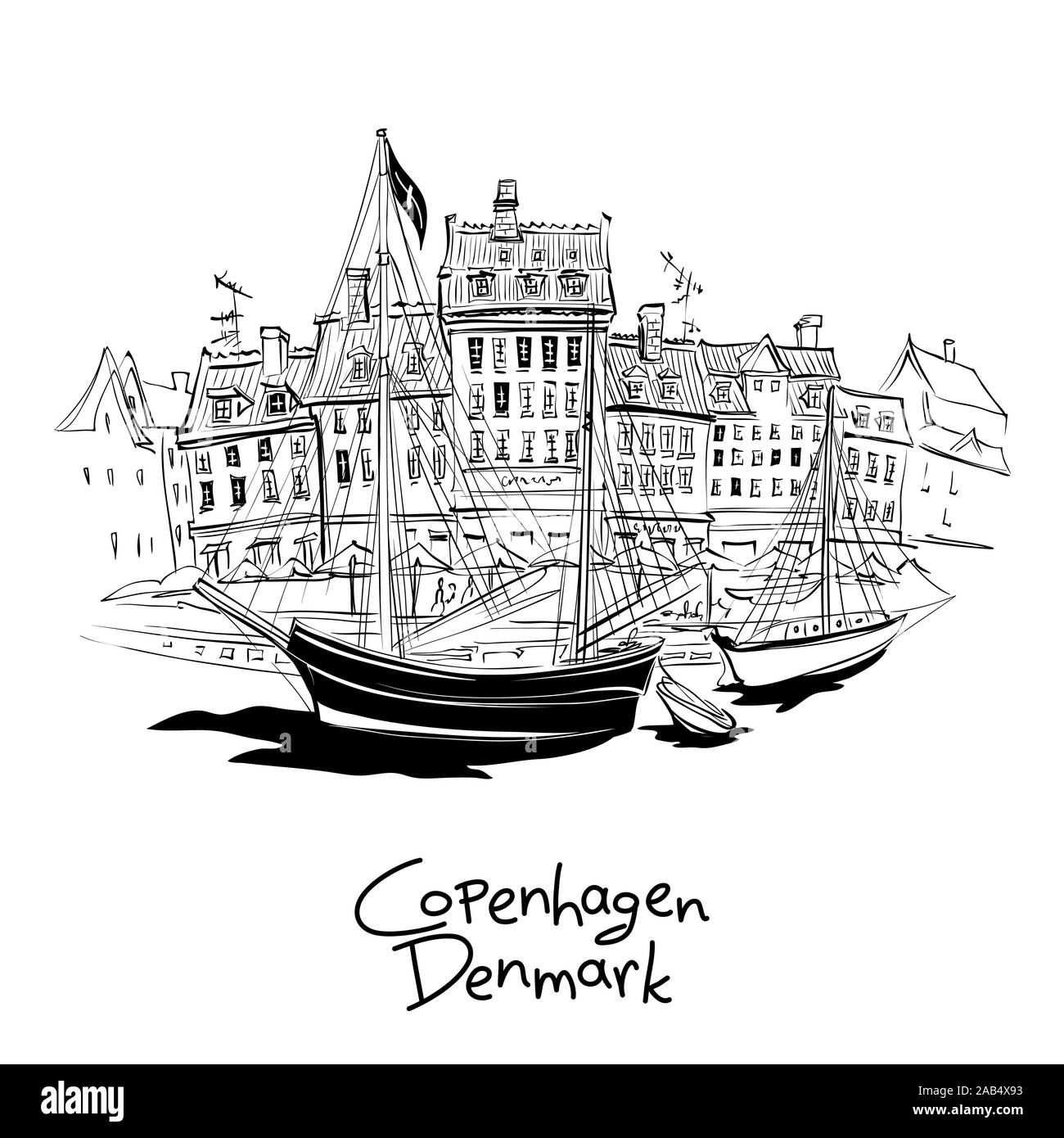 Vector schwarz und weiß Skizze von Nyhavn mit Fassaden der alten Häuser und alte Schiffe in der Altstadt von Kopenhagen, der Hauptstadt von Dänemark. Stock Vektor