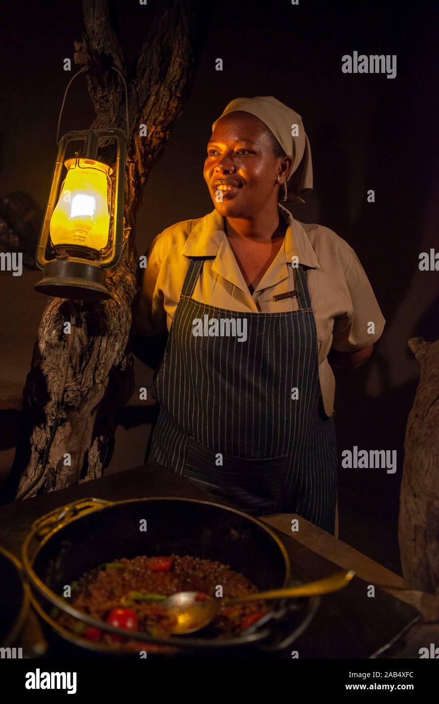 Reestaurant in Mashatu Lounge Main Camp, Mashatu Game Reserve, Tuli Block, Botswana, Afrika Stockfoto