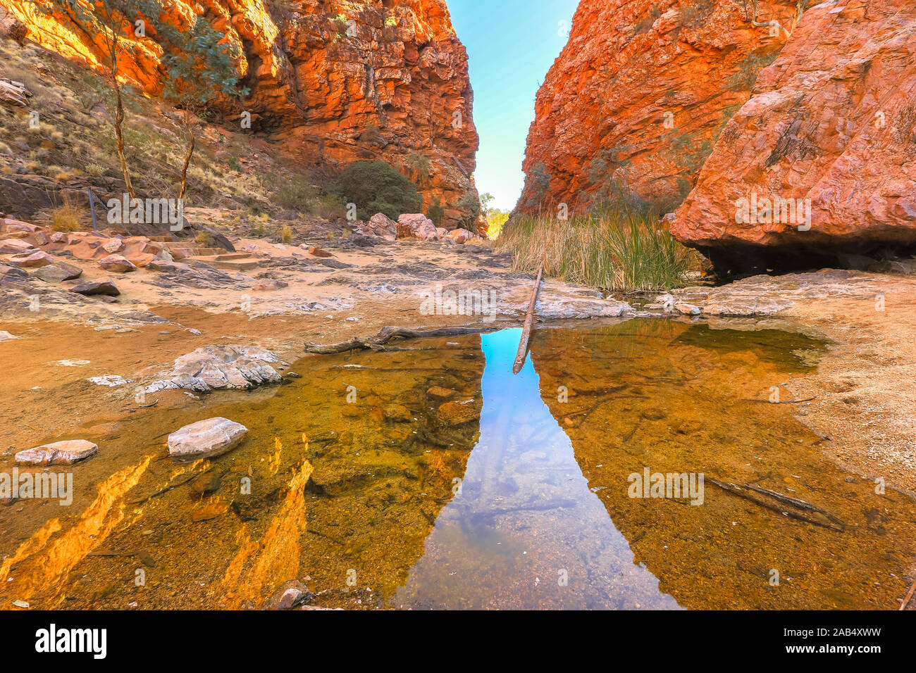 Landschaftlich reizvolle und beliebte Simpsons Gap und dauerhafte Wasserloch spiegelt die Klippen in West MacDonnell Ranges, Northern Territory in der Nähe von Alice Springs auf Stockfoto