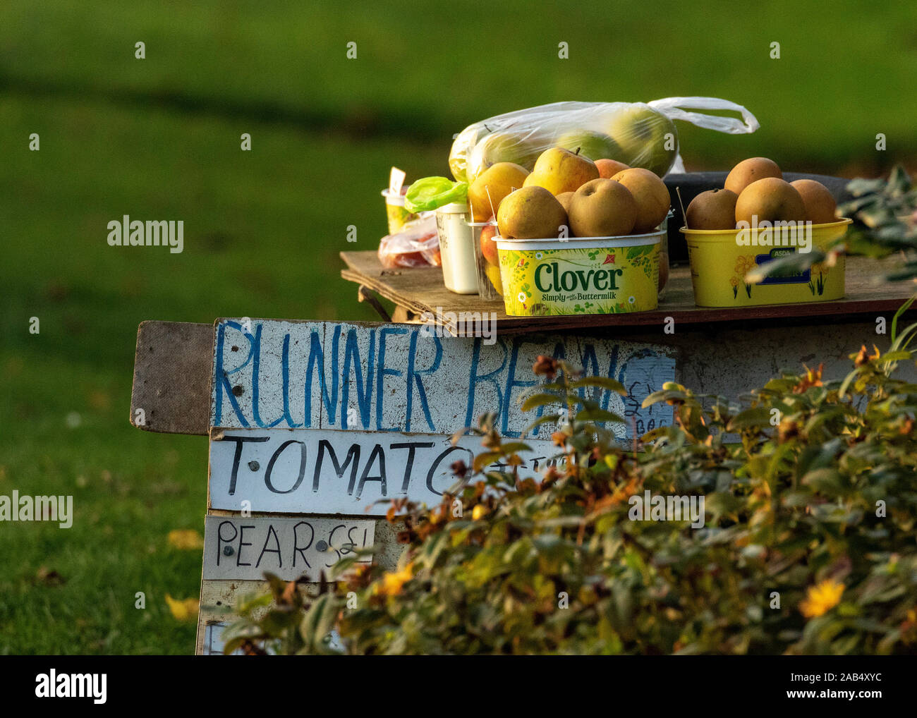 Verkauf von selbst angebautem Obst und Gemüse am Straßenrand Stockfoto