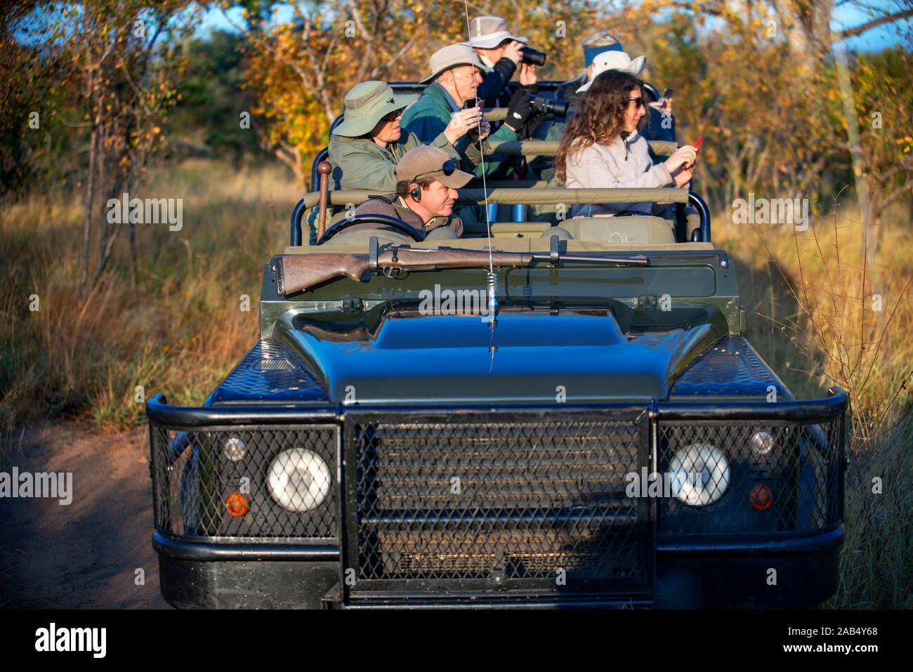 Safari auto fahrzeug mit Touristen in Mala Mala Game Reserve Sabi Sand Park Kruger Südafrika, Afrika Stockfoto