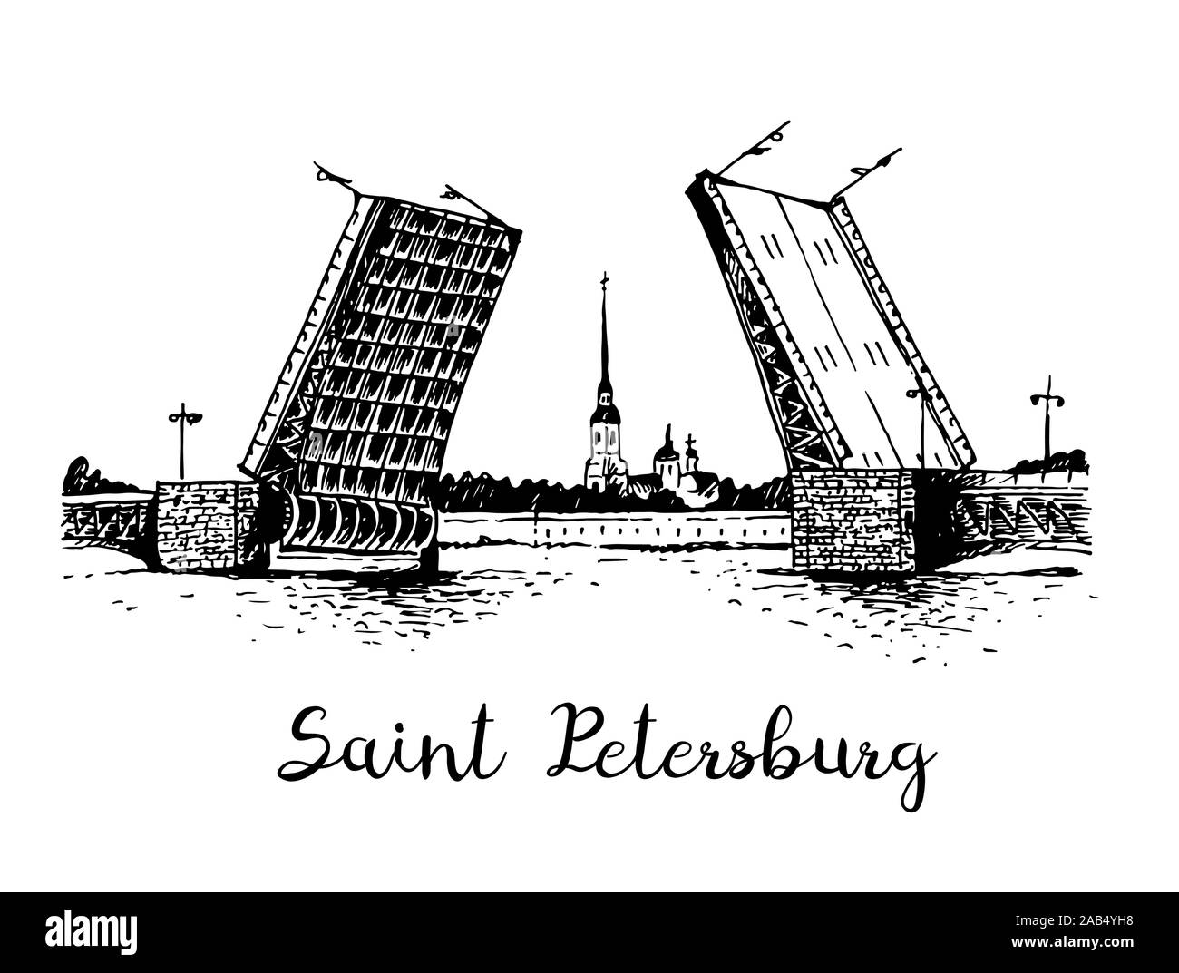 Palace Bridge und Peter und Paul Festung Vektor-illustration Karte mit Text, populäre Symbole von Sankt Petersburg, Russland Vektor-illustration isoliert Stock Vektor