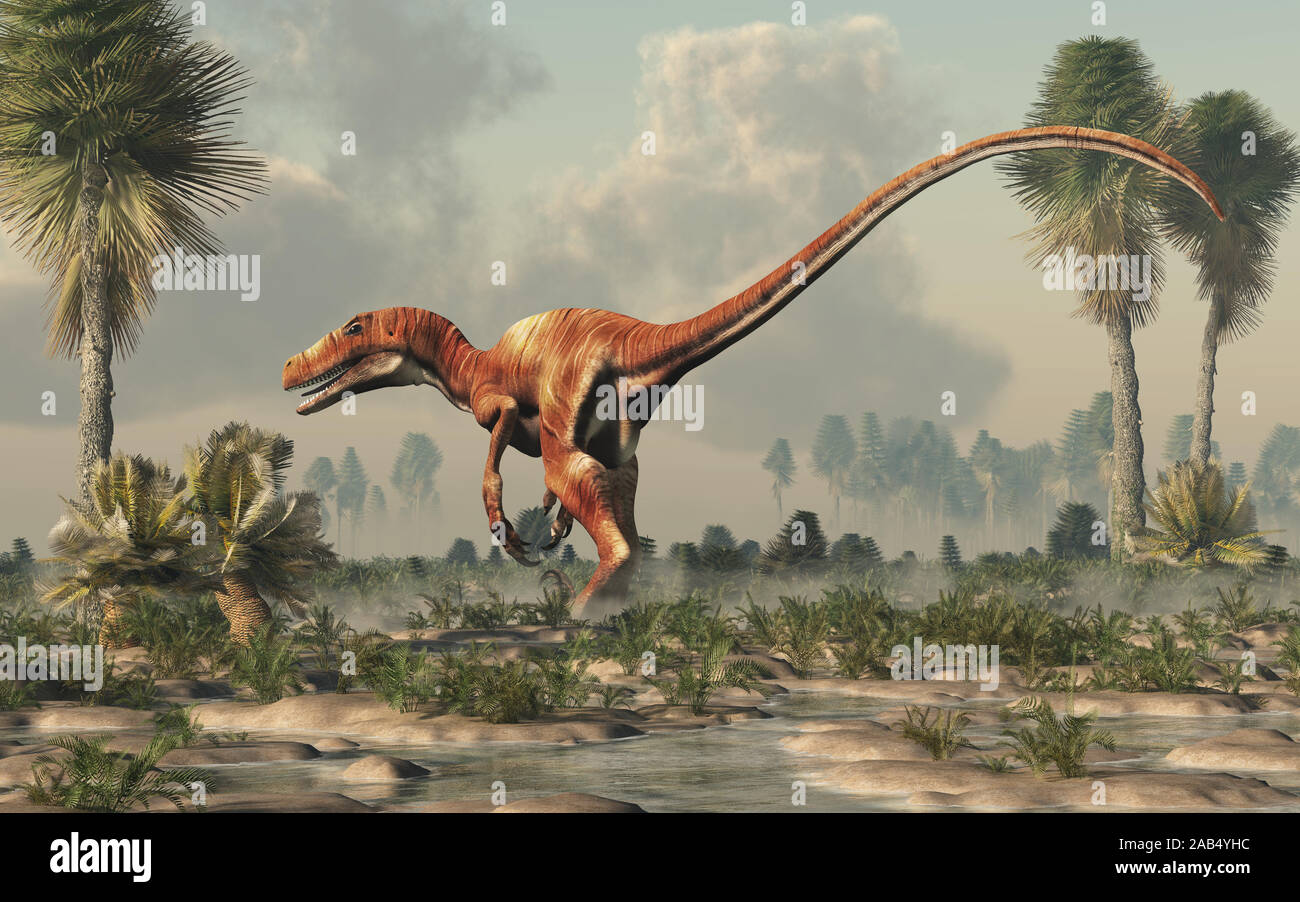 Deinonychus ist ein theropode Saurier, ein Cousin von velociraptor, die während der Kreidezeit lebten. Hier ohne Federn Bay in einer wässrigen tiefland dargestellt Stockfoto