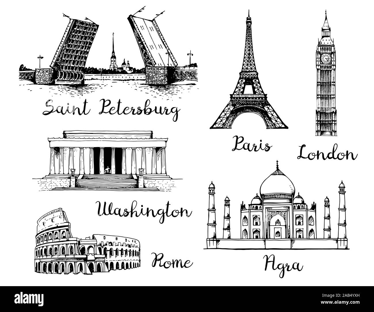 Wahrzeichen der Welt. Palace Bridge und Peter und Paul Festung in Russland, Eiffelturm in Frankreich, das Elizabeth Tower (Big Ben) in England, das Weiße Haus Stock Vektor