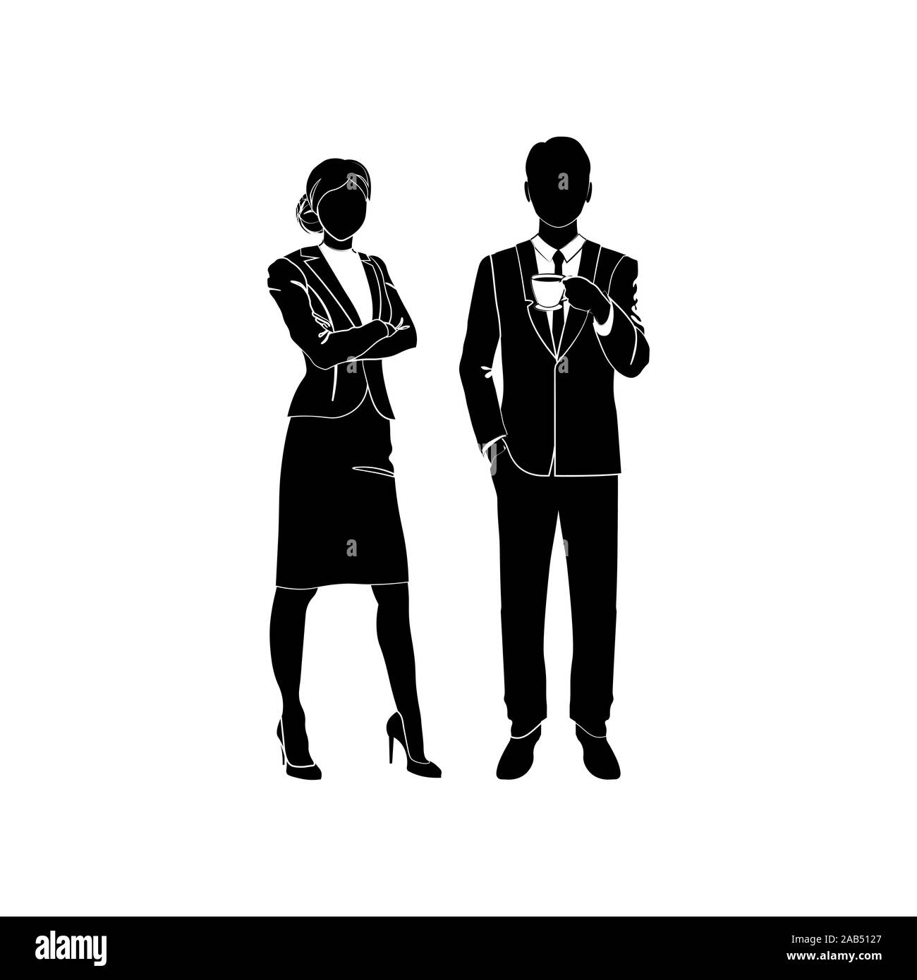 Geschäftsfrau, Manager steht mit seine Arme über seiner Brust Vektor gekreuzt. Unternehmer stehen mit einer Tasse Kaffee oder Tee. Vector Illustration blac Stock Vektor