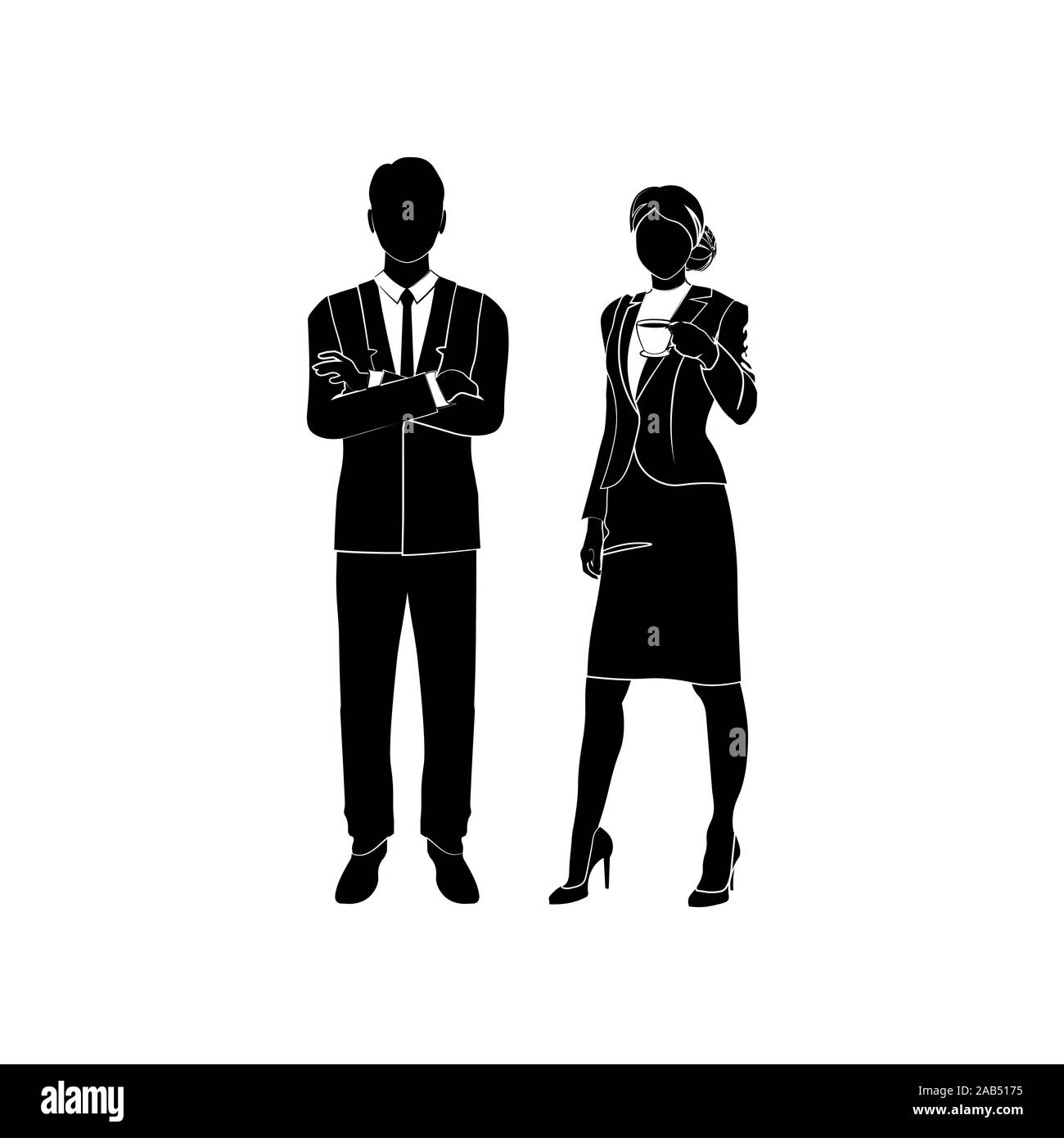 Unternehmer, Manager, der mit seinen Armen auf seiner Brust Vektor gekreuzt. Die Frau, die mit einer Tasse Kaffee oder Tee. Vector Illustration blac Stock Vektor
