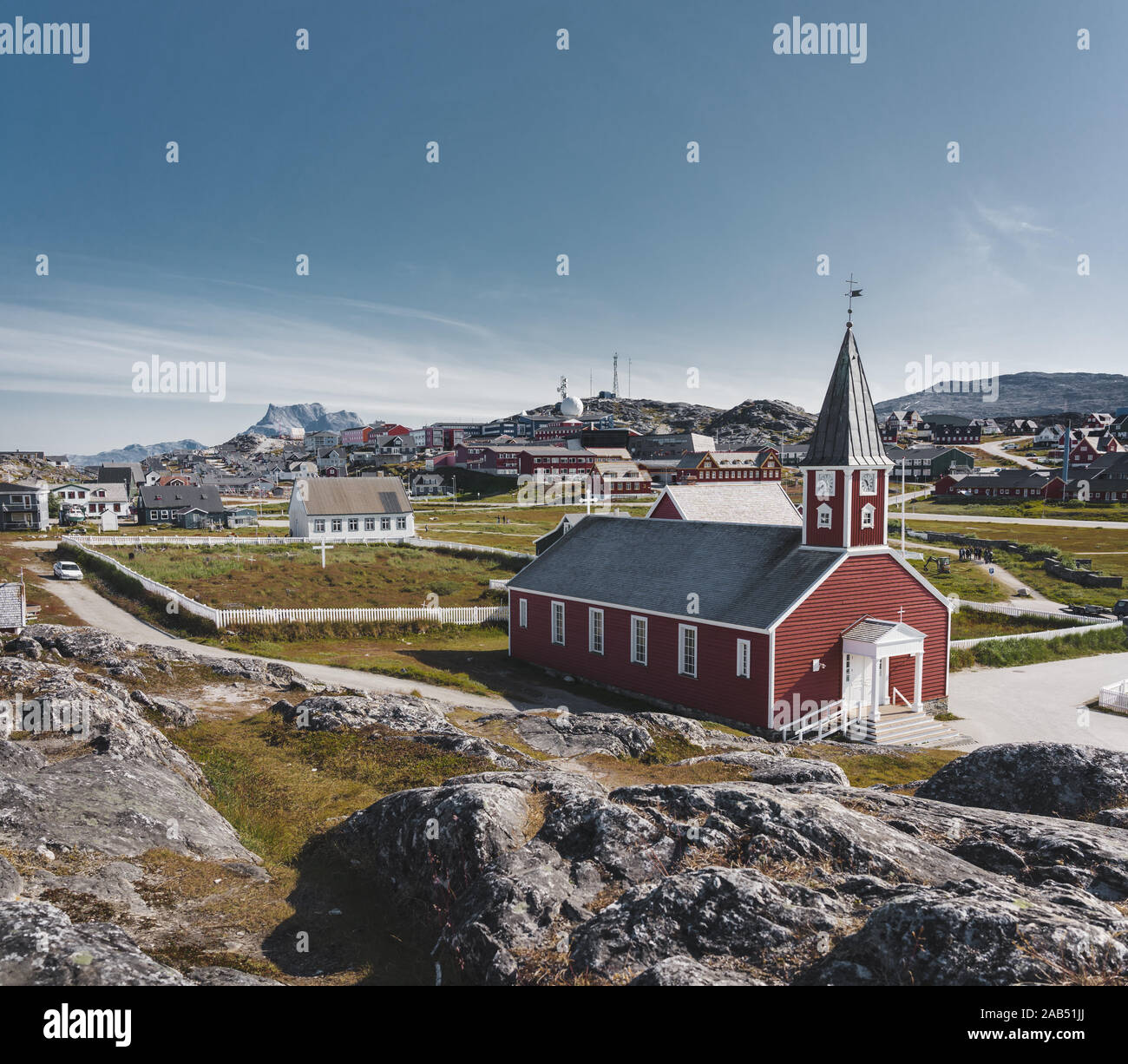 Nuuk kirche kathedrale Annaassisitta Oqaluffia, Kirche des Erlösers im historischen Zentrum von Nuuk. Hauptstadt von Grönland. Sonnigen Tag mit blauem Himmel Stockfoto