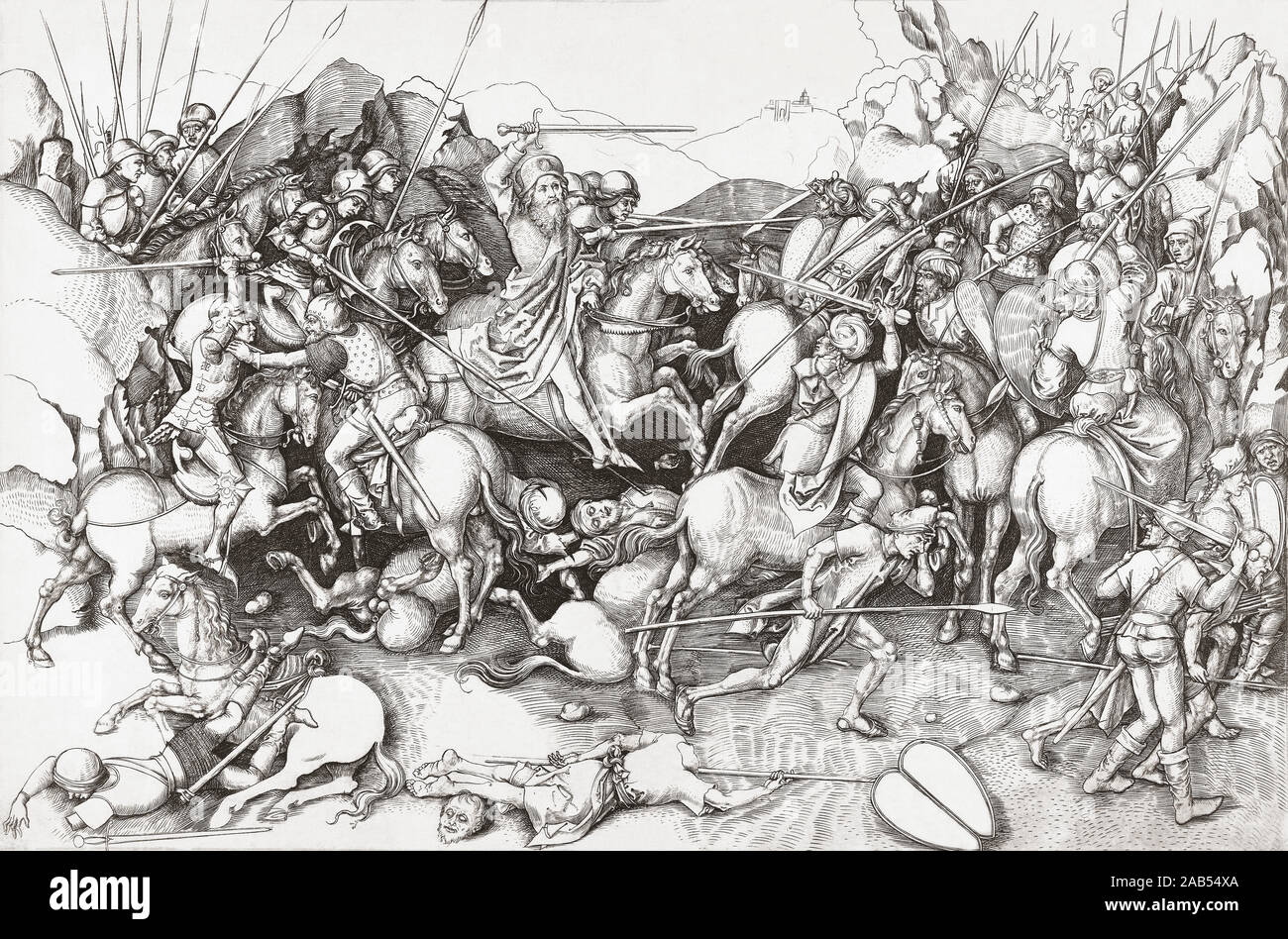 Die Schlacht von Clavijo, Spanien, die Legende behauptet Platz in 834 oder 835. In der Tat der Kampf zwischen einer Christlichen Armee und einer muslimischen Armee, nie passiert. Die Legende behauptet, dass St. James, der Apostel Jesu, der 800 Jahre vor der vermeintlichen Falle starb, auf einem weißen Pferd erschien und trieb die kennzeichnende christliche Armee zum Sieg. St. James, der Schutzheiligen Spaniens, ist in Spanisch als Santiago Matamoros, oder St. James das Moor - Mörder bekannt. Nach einem Kupferstich aus dem 15. Jahrhundert, möglicherweise durch Martin Schongauer. Stockfoto