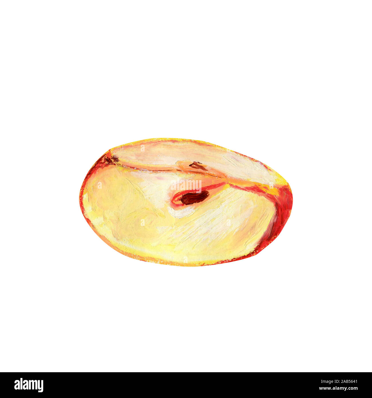 Ein Stück roten Apfel auf einem weißen Hintergrund. Ein Viertel der reifen  Frucht mit Fruchtfleisch und Samen. Von Hand gezeichnet Öl pastell  Illustration für Essen label de Stockfotografie - Alamy