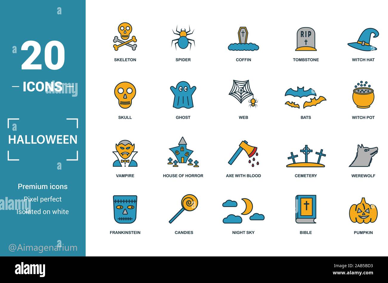 Halloween Icon Set. Gehören kreative Elemente Skelett, Sarg, Schädel, Fledermäuse und Vampire Symbole. Kann für Bericht, Präsentation, Grafik, Web Design Stock Vektor