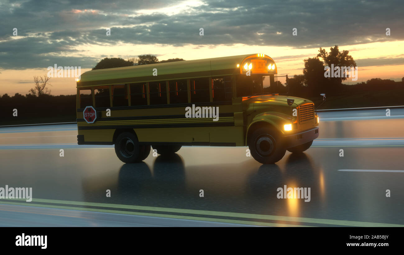 School Bus fahren auf der Straße, Konzept der gehen wieder zur Schule, 3D-Rendering. Stockfoto