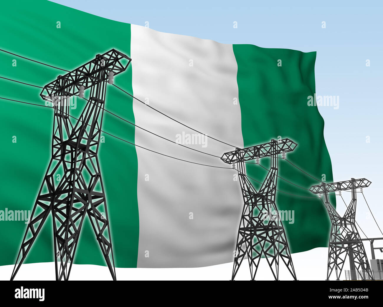 Stromleitungen gegen Hintergrund Flagge von Nigeria. 3D-Rendering Stockfoto