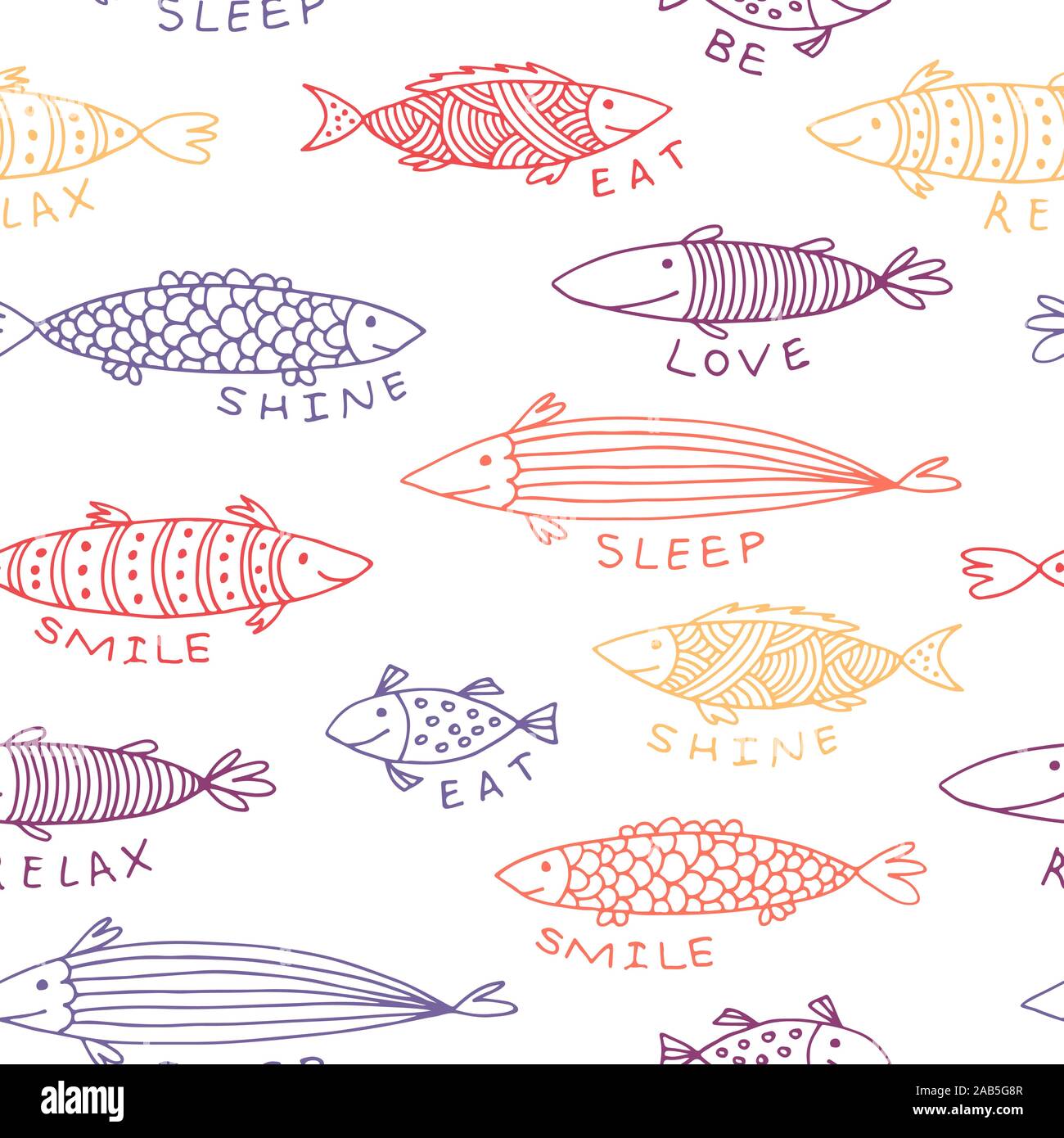 Fische doodle vector Pattern, Tier nahtlose Hintergrund mit Motivation Slogans Stock Vektor
