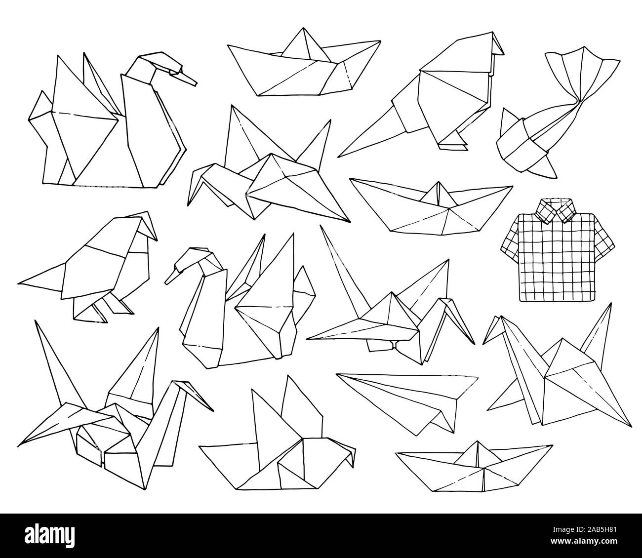 Origami Hand gezeichnet Vektor einrichten, Ordner, Papier kunst Tiere, Vögel, Booten, Flugzeugen Formen auf weißem Hintergrund Stock Vektor