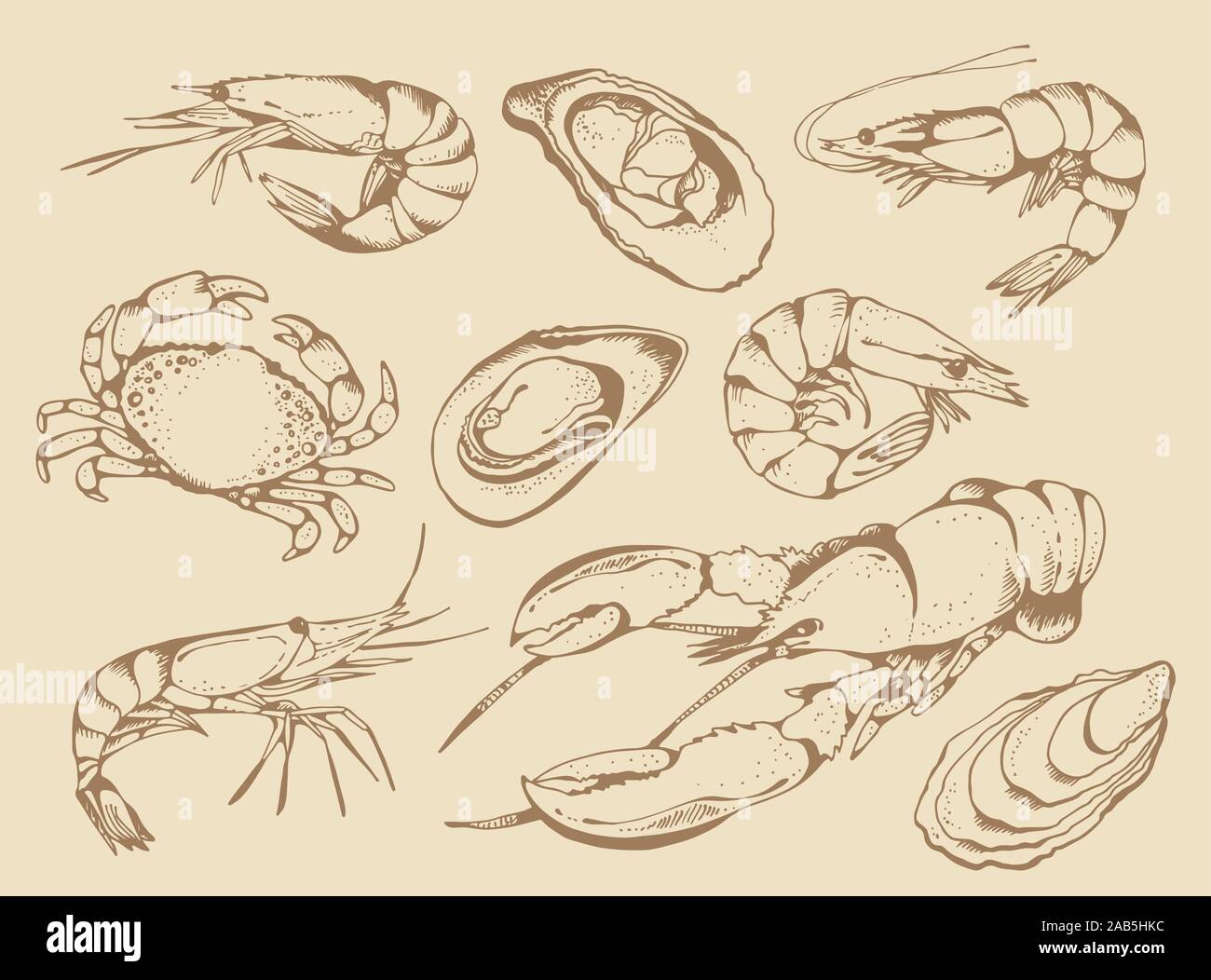 Meeresfrüchte Vektor einrichten, Lebensmittel vektor Sammlung in Skizze Stil auf beigem Hintergrund: Hummer, Krabben, Garnelen, Austern, Muscheln Stock Vektor