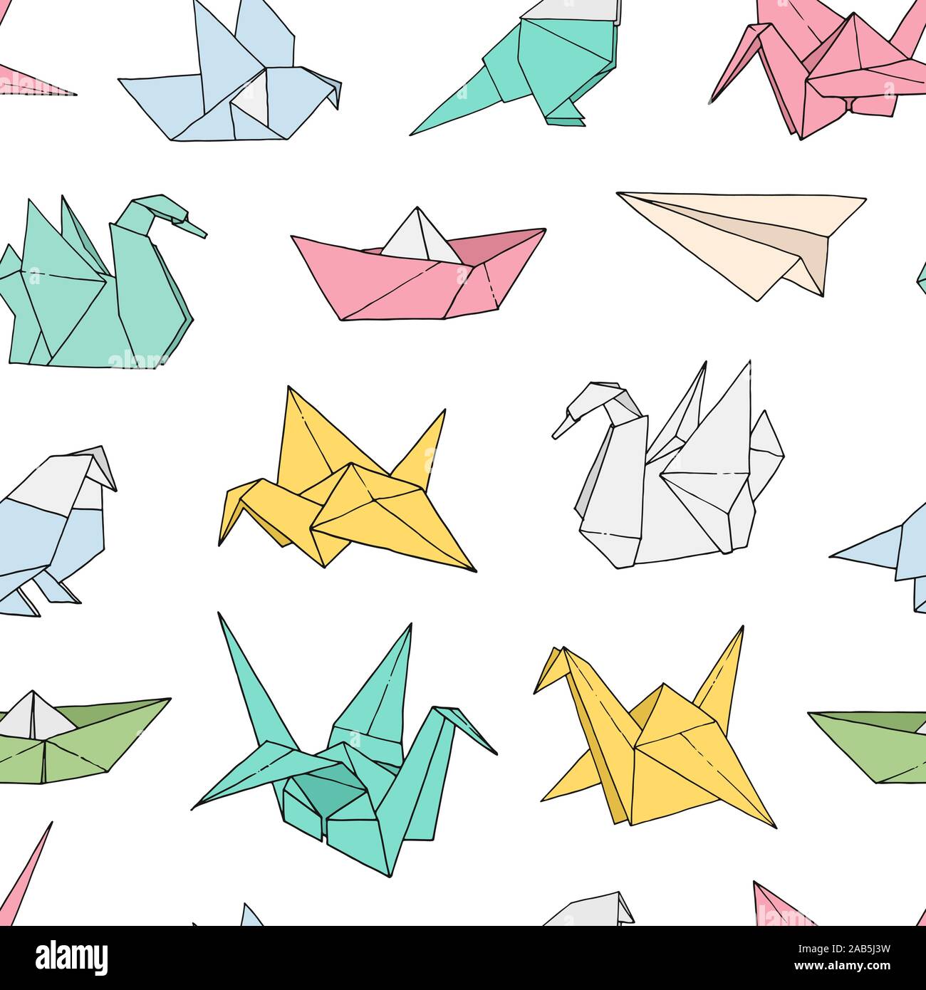 Origami formen Vektor nahtlose Muster, Hand gezeichnet Ordner Papier Japan art Farbe Tiere, Vögel, Boote, Schiffe, Flugzeuge Hintergrund Stock Vektor