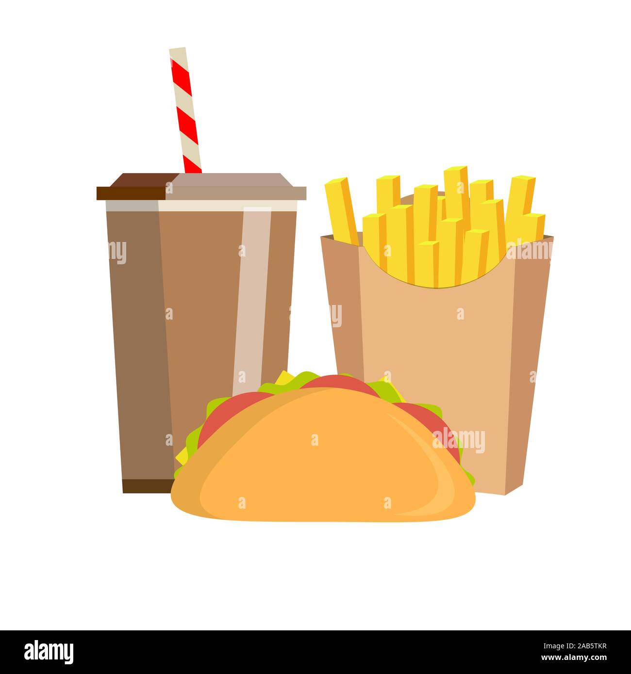 Mit Pommes frites, Sandwich und Soda auf isolierten Hintergrund Mittagessen zum Mitnehmen. Fast food. Flache Bauform. Stock Vektor