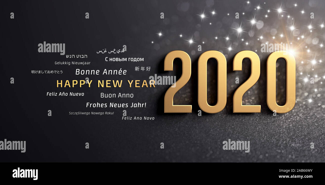 Neues Jahr: 2020 Farben in Gold und Grußworte in verschiedenen Sprachen auf einem glitzernden schwarzen Hintergrund - 3D-Darstellung Stockfoto