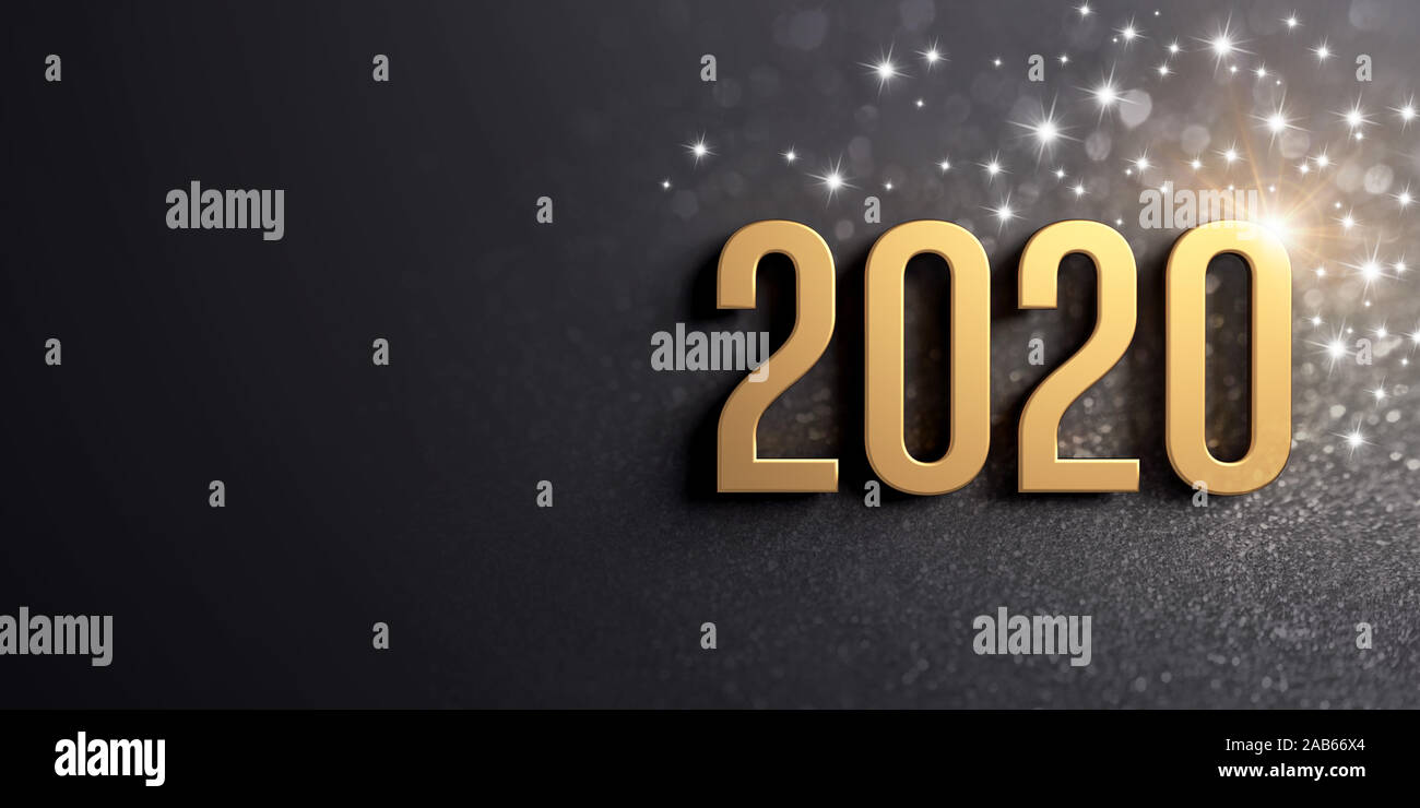 Neues Jahr Datum Anzahl 2020 farbige in Gold, auf einer festlichen schwarzen Hintergrund, mit glitzert und Sterne - 3D-Darstellung Stockfoto