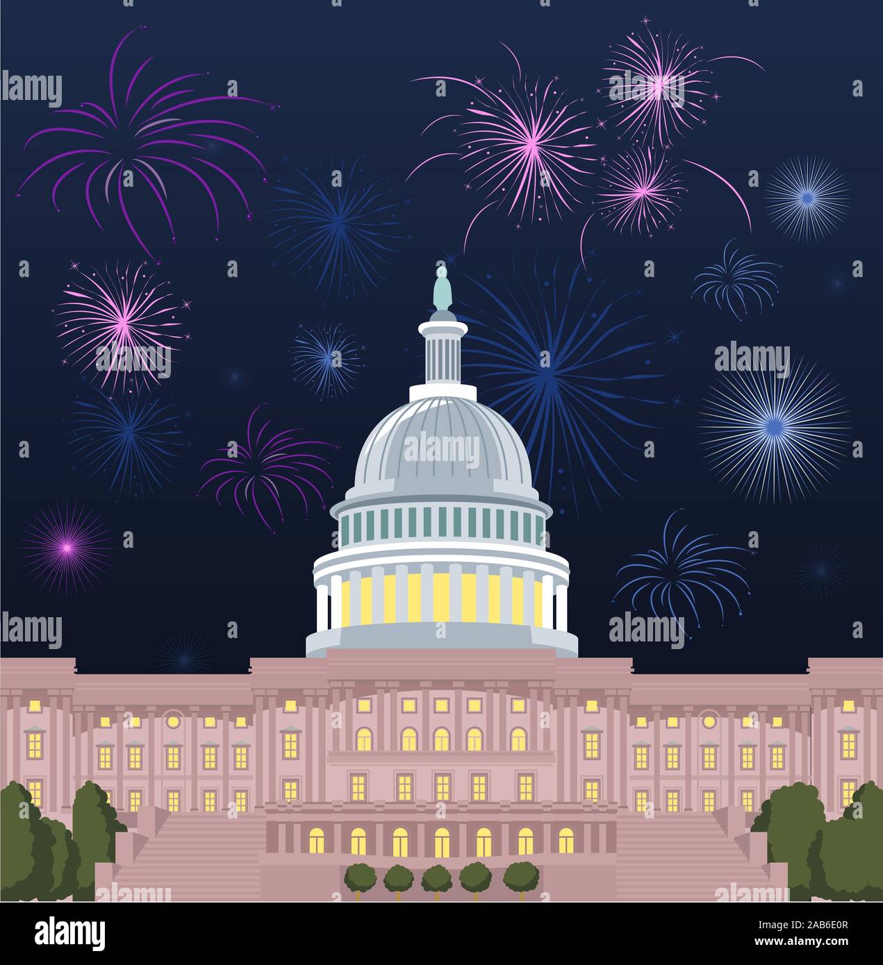 Washington DC Capitol Gebäude mit öffnen Firewrok Set Vektor-Illustration. Stock Vektor