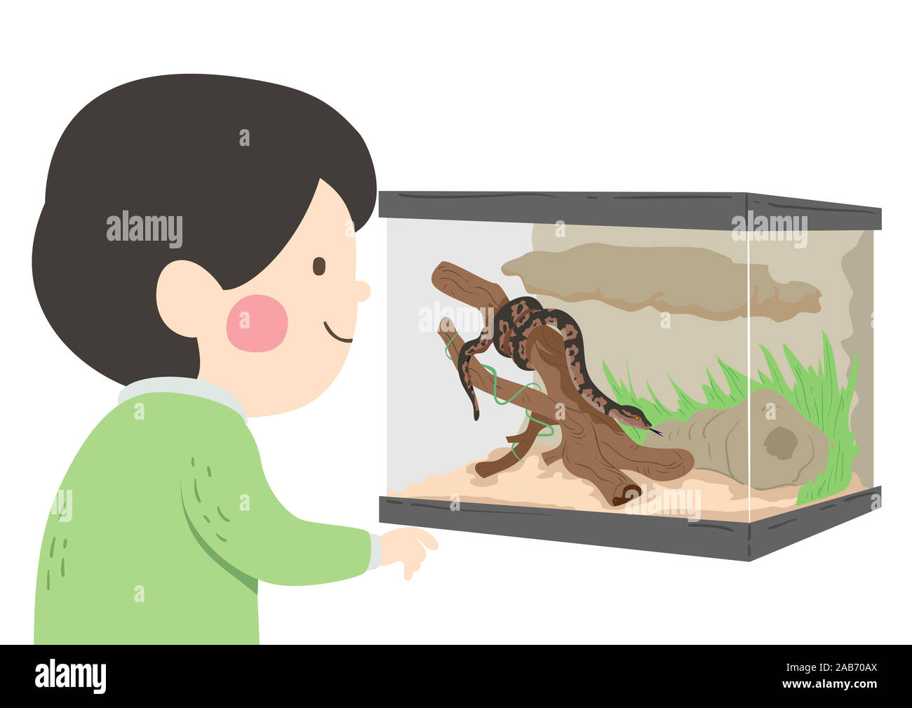 Abbildung: ein Kind Junge an ein Haustier Schlange Suchen in einem Reptilien Terrarium Stockfoto