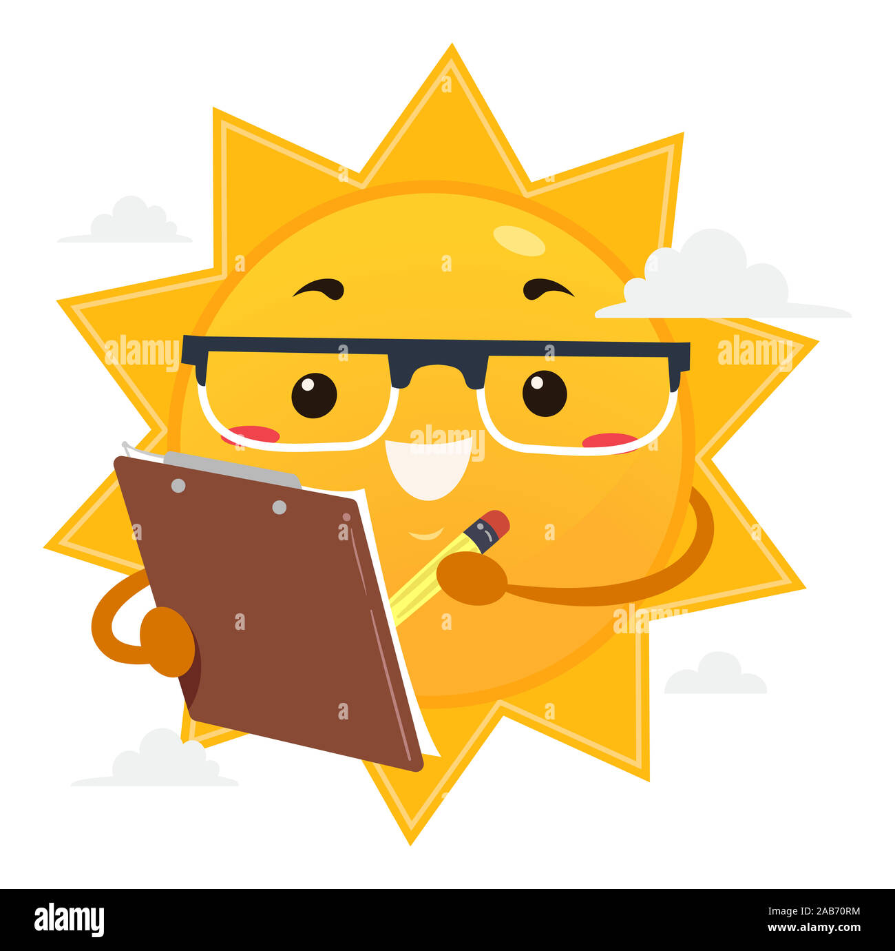 Abbildung eines Sun Maskottchen Wissenschaftler Bleistift und Zwischenablage Sammeln von Daten Stockfoto