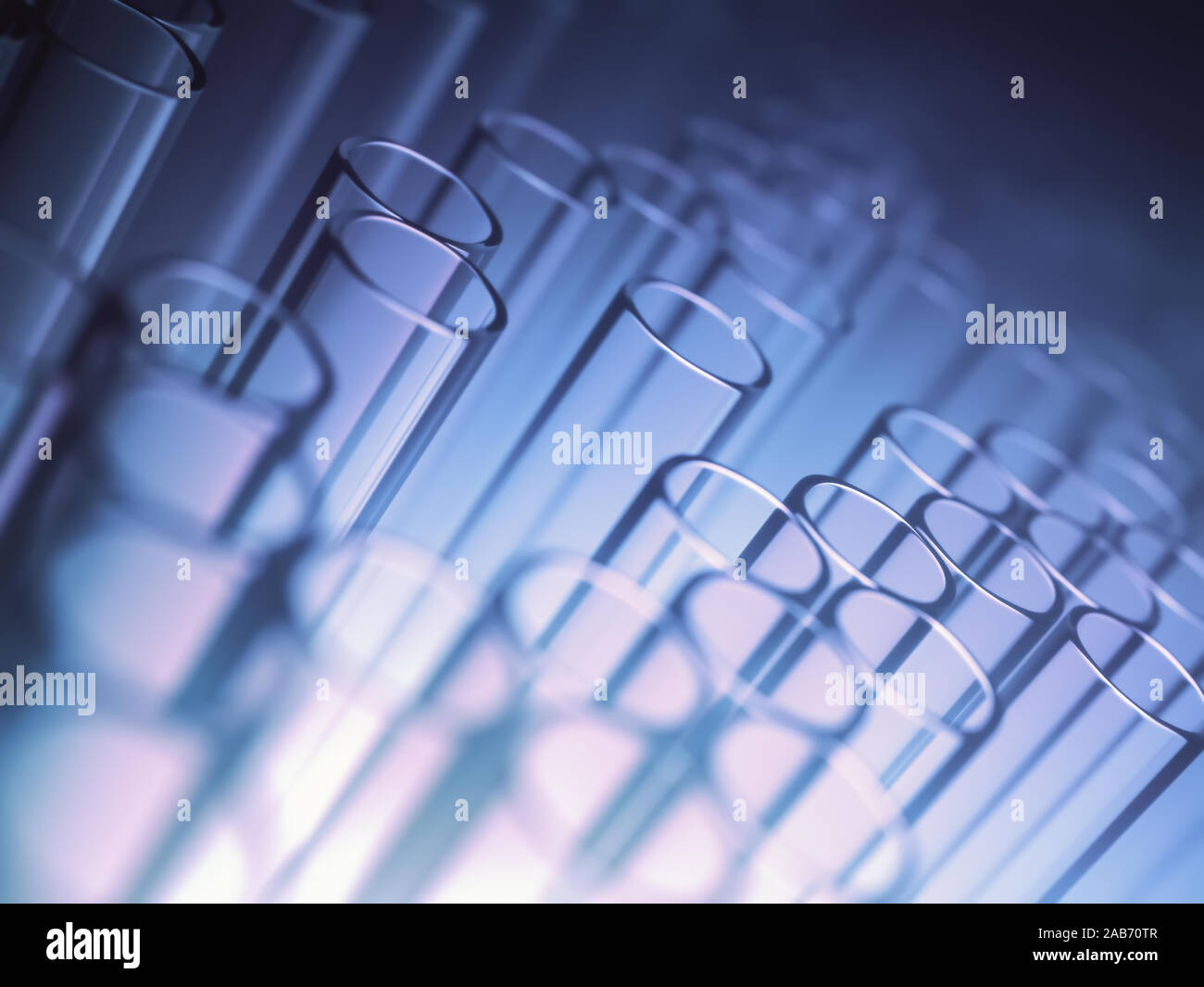 Reagenzgläser, Laborglas, mit Hintergrund Licht in dunkler Umgebung. Konzept Bild der Wissenschaft und Forschung. Stockfoto