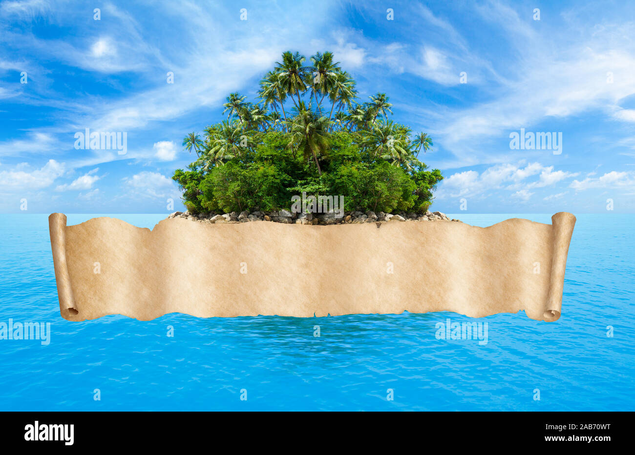 Piraten Karte banner Hintergrund über tropische Insel im Ozean Stockfoto