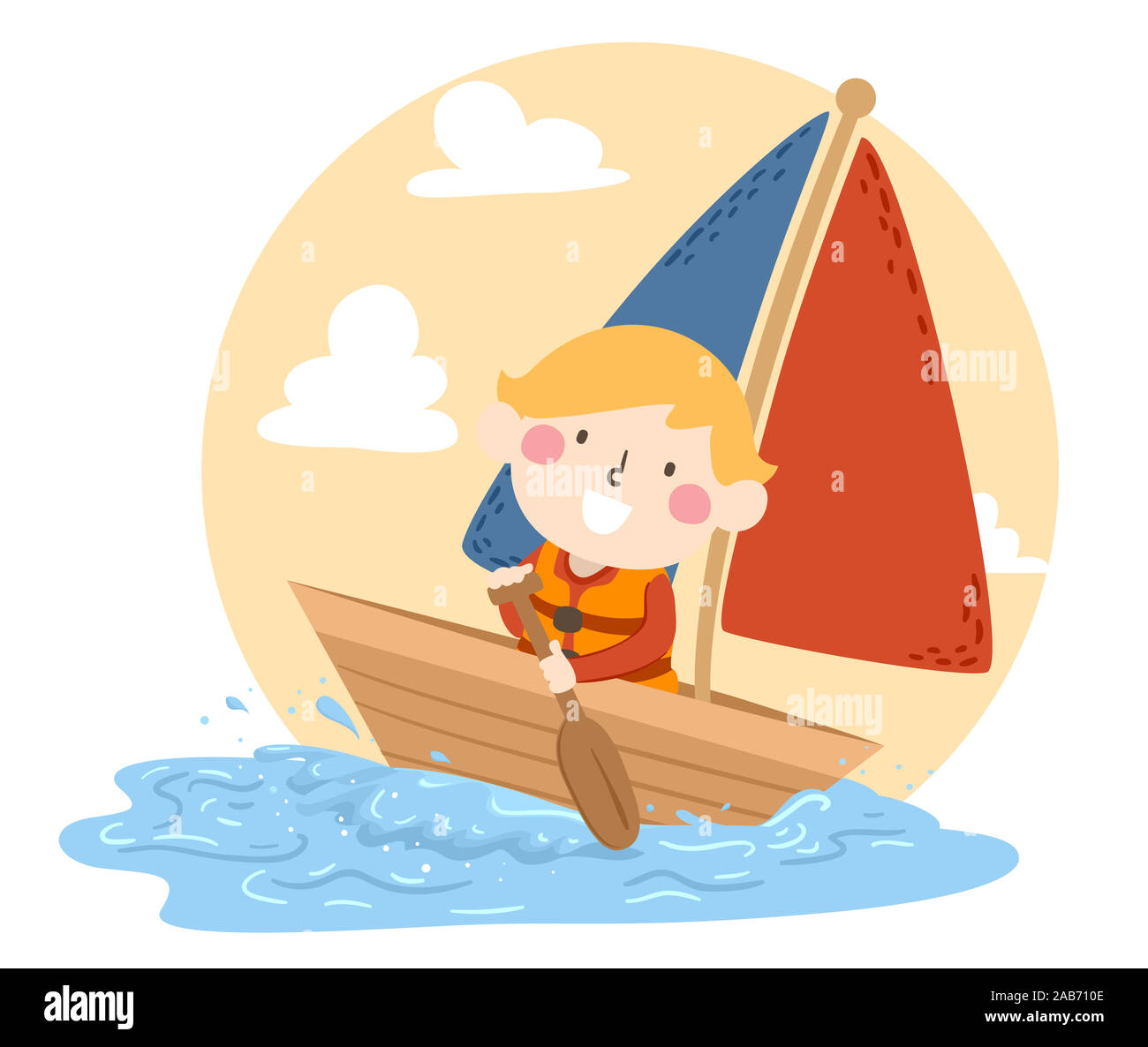 Abbildung: ein Kind Junge Ruderboot Rudern und Segeln in den Meeren Stockfoto