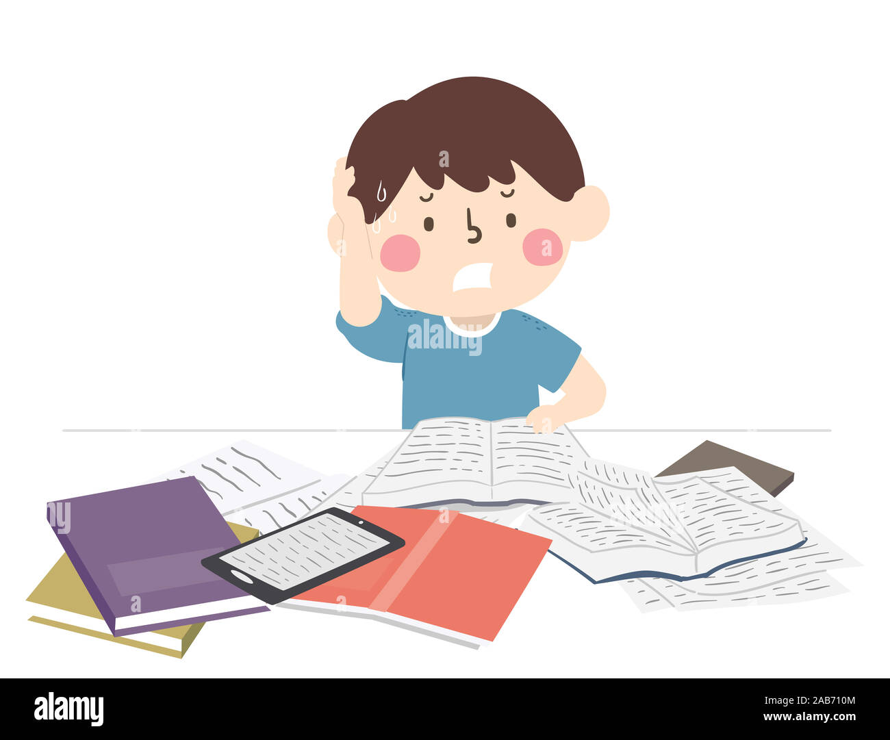 Abbildung: ein Kind Junge seinen Kopf kratzen und Pauken zu Studieren für Prüfung, mit offenen Büchern und Tablet auf seinem Tisch Stockfoto