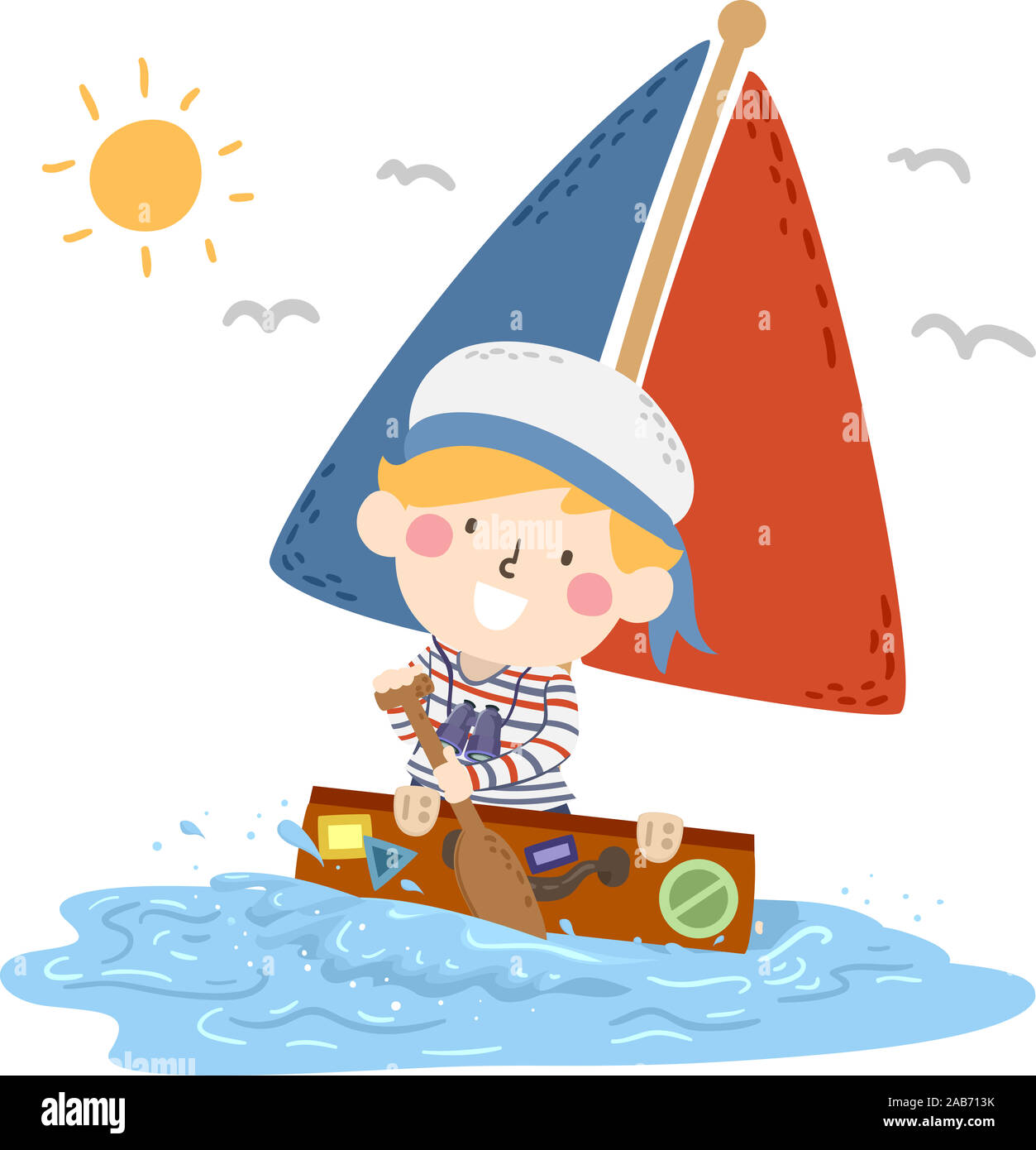 Abbildung: ein Kind Junge Rudern ein Boot Ruder und Segeln auf einem Koffer mit Fahne in den Meeren Stockfoto