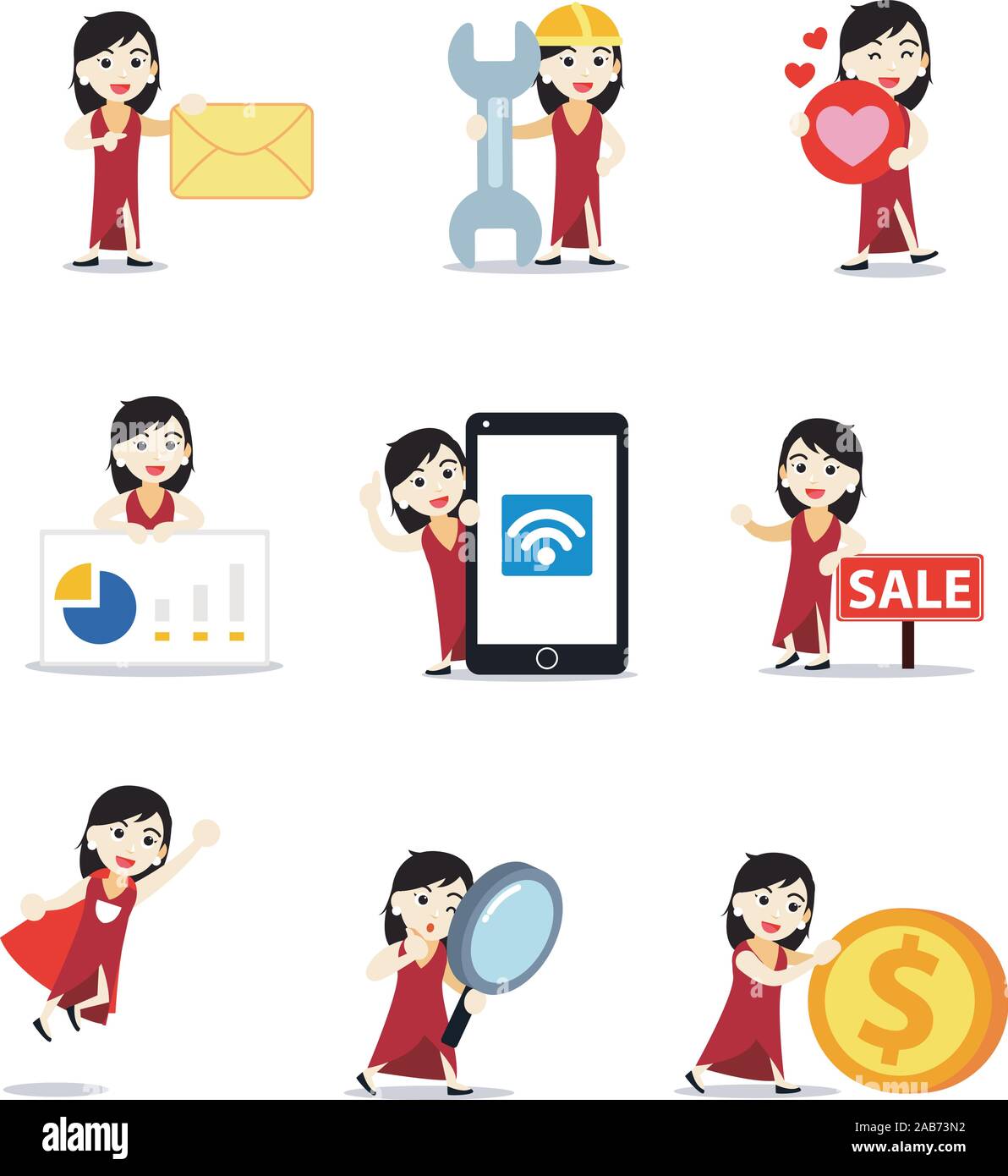 Satz von Zeichen Schauspielerin Frau auf Theater Stock Vektor