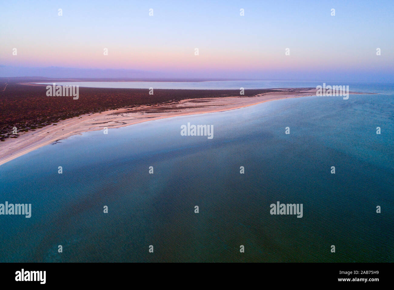 Luftaufnahme von Shell Beach World Heritage Area bei Sonnenaufgang, Peron Halbinsel im Nordwesten von Australien, Westaustralien Stockfoto