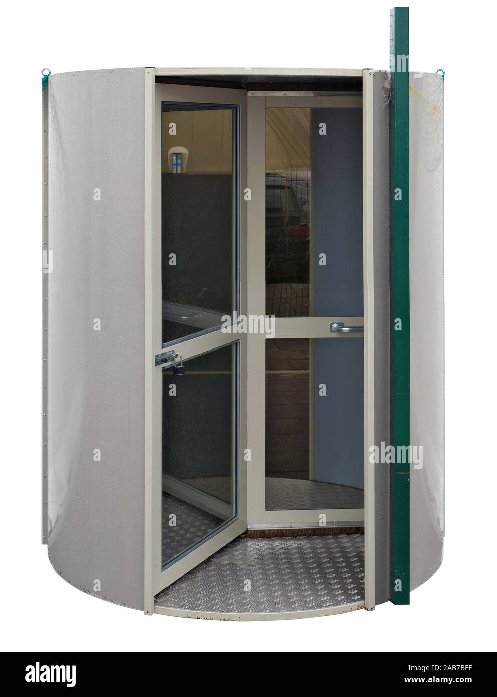 Metall Zylinder Gateway mit Drehtür für eine moderne mobile aufblasbare Stadion. Auf weiß Isoliert Stockfoto